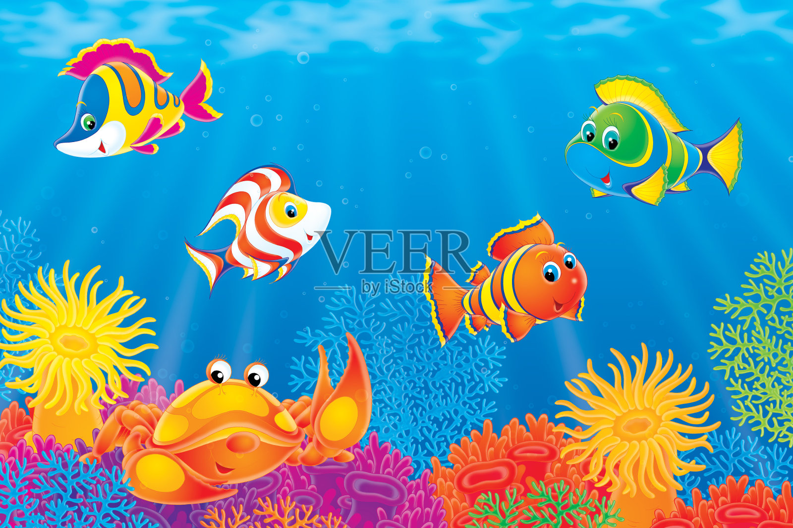蟹类及珊瑚鱼插画图片素材