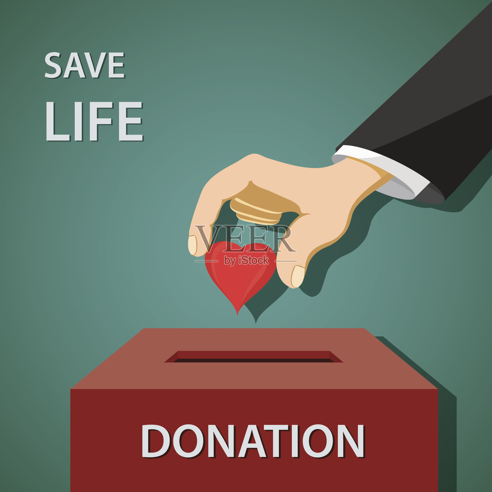 男子在捐款箱里放了一颗红心。慈善组织和慈善事业。插画图片素材