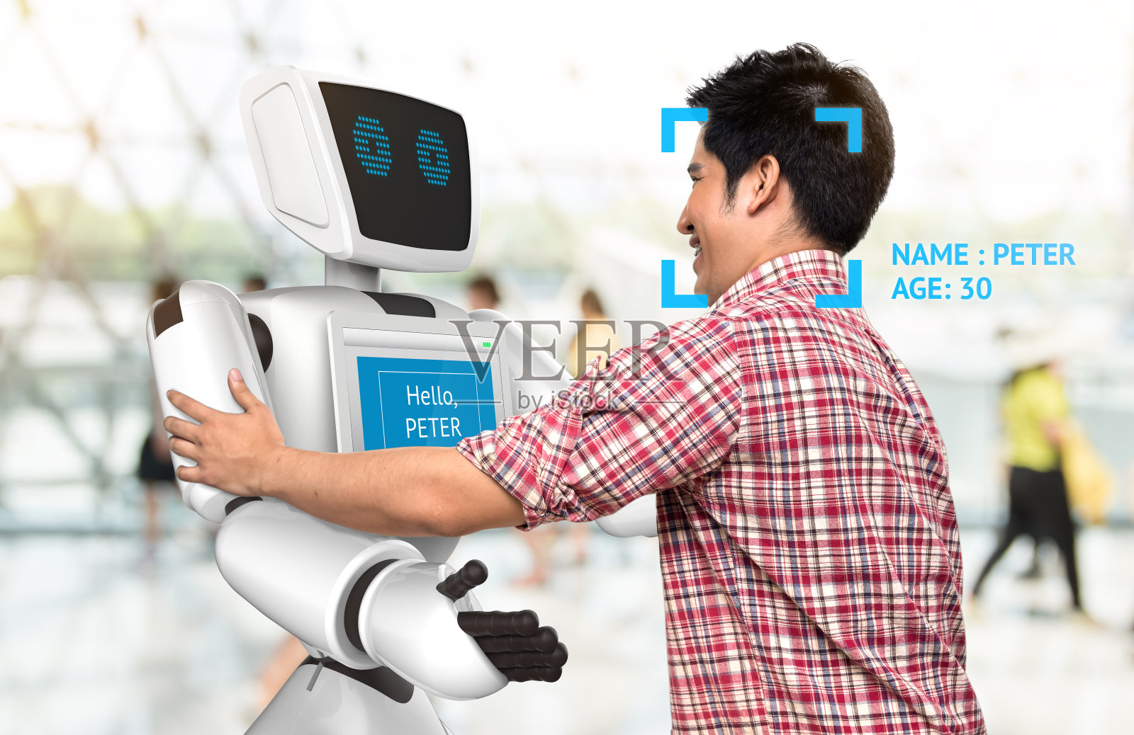 机器人趋势的人脸识别技术和商业概念。友好的自主机器人助手和男性会互相打招呼。三维渲染照片摄影图片