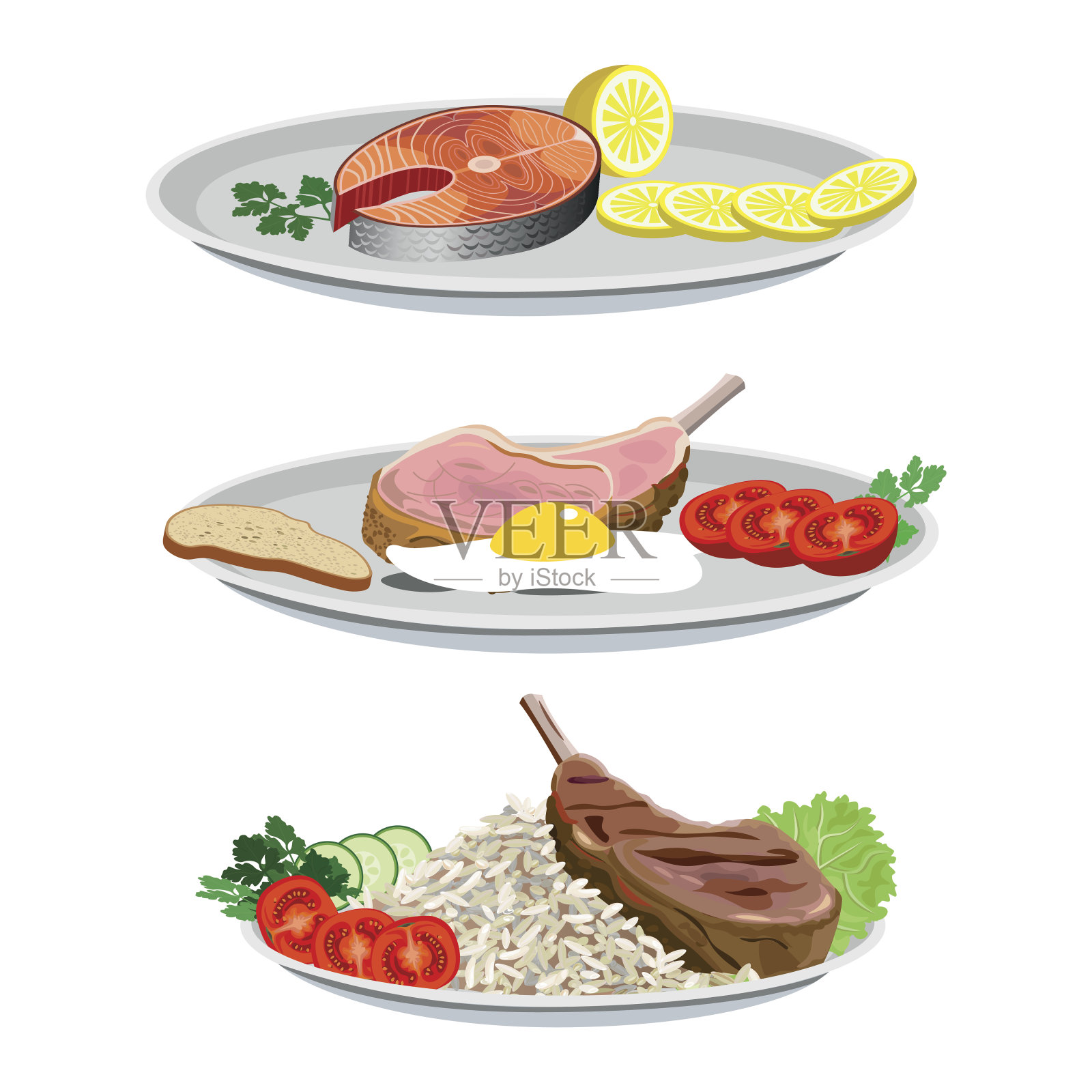 一套鱼和肉做成的盘子插画图片素材