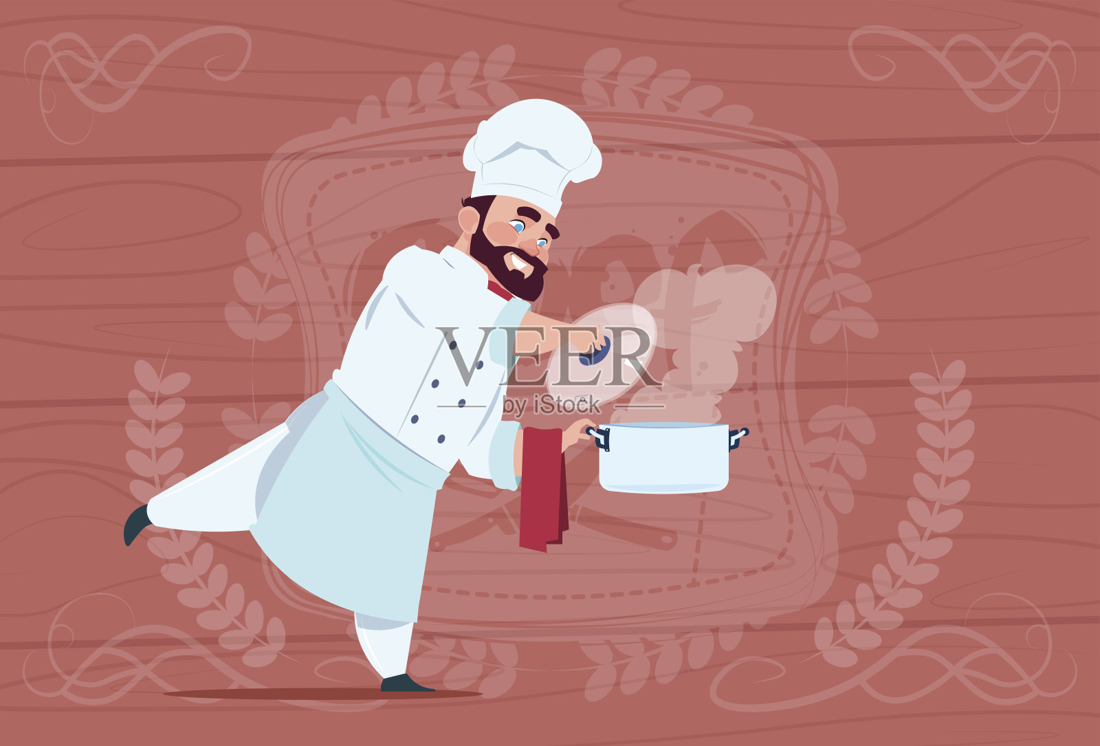 厨师厨师拿着平底锅与热汤微笑卡通首席在白色餐厅制服在木制纹理背景插画图片素材