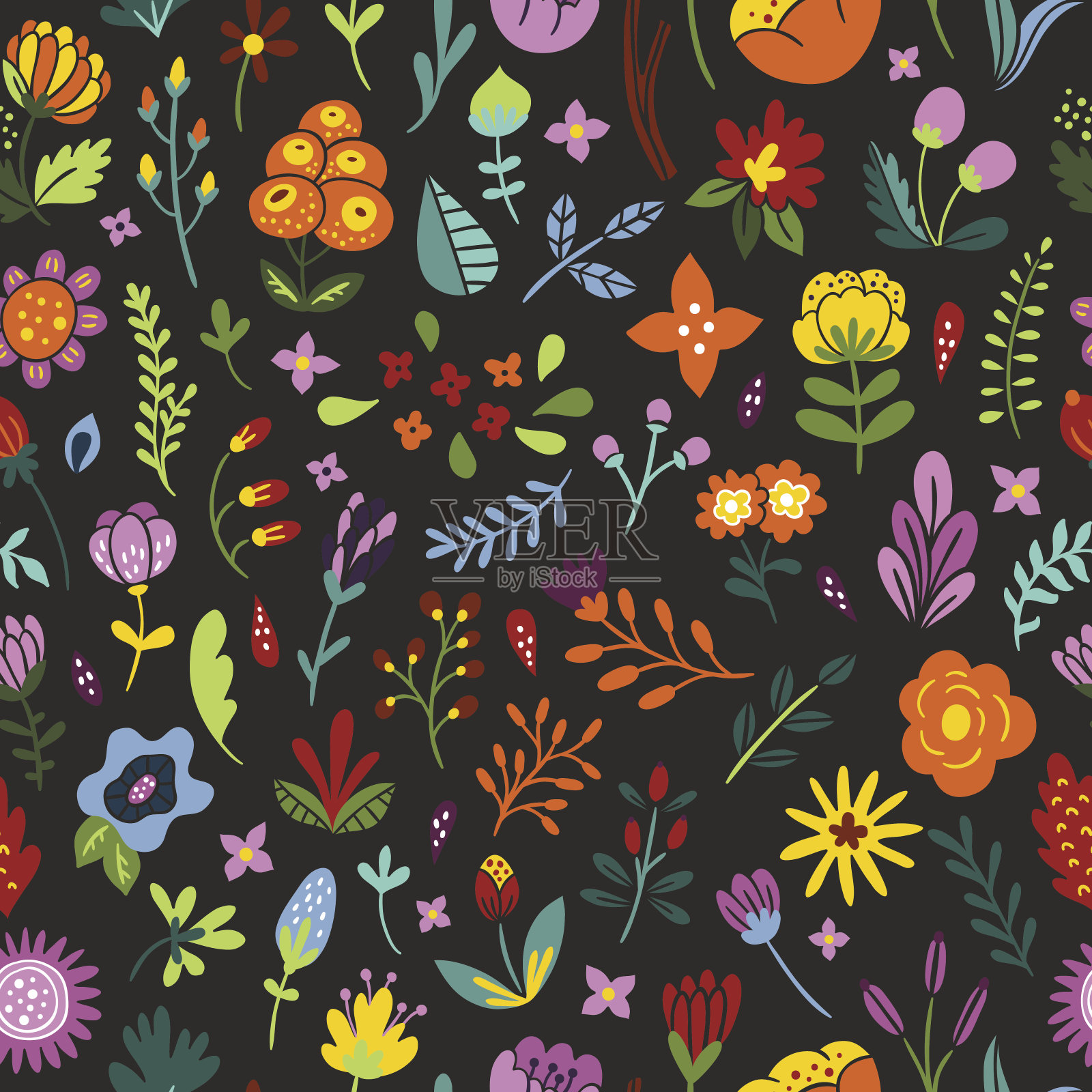 无缝花卉复古图案。背景有花，植物，叶子和香草。黑暗的花卉图案插画图片素材