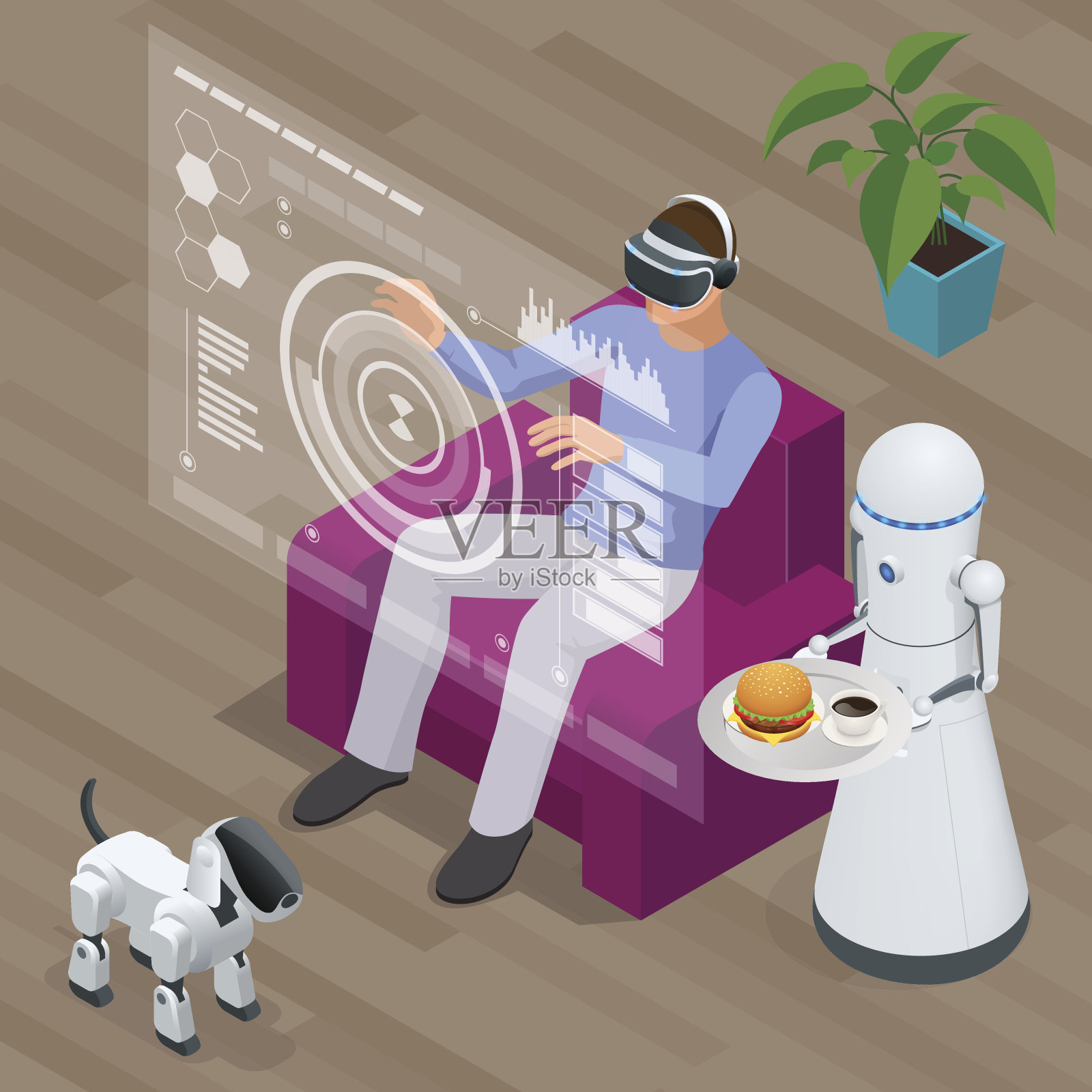 等距技术机器人和人坐在家里的沙发上戴着虚拟现实耳机。插画图片素材