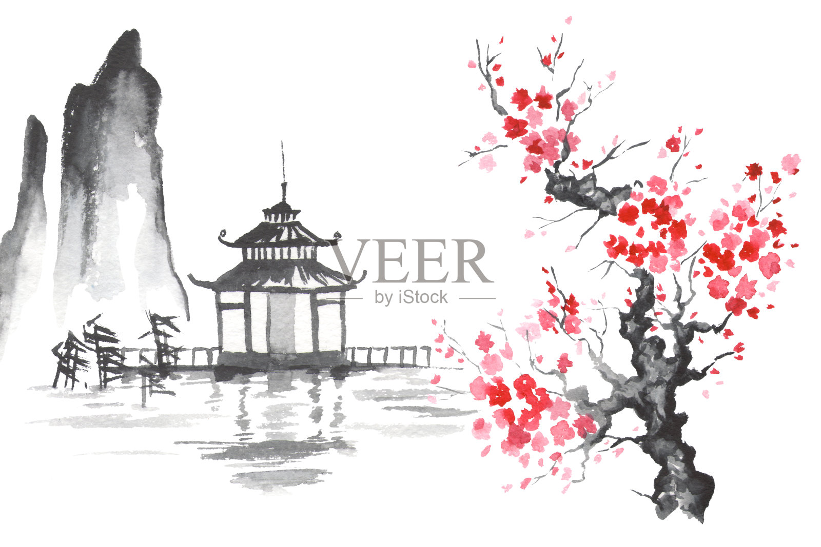 日本传统绘画Sumi-e艺术樱花寺插画图片素材