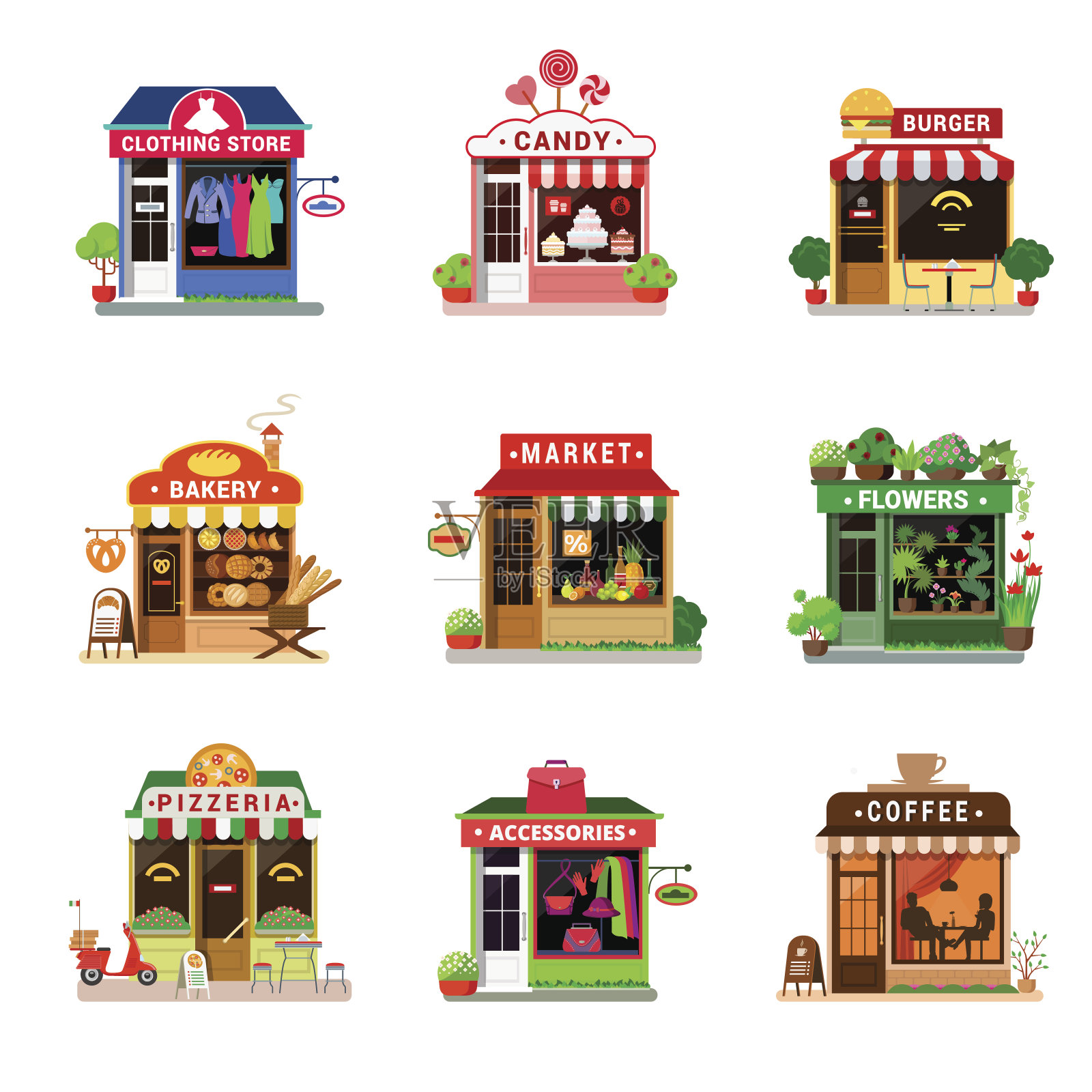 Flat style set tiny micro icon shop shop showcase front window entrance door web app game vector。服装，时尚，糖果，汉堡，面包店，杂货店，市场，花，披萨，披萨配件，咖啡，咖啡馆。插画图片素材