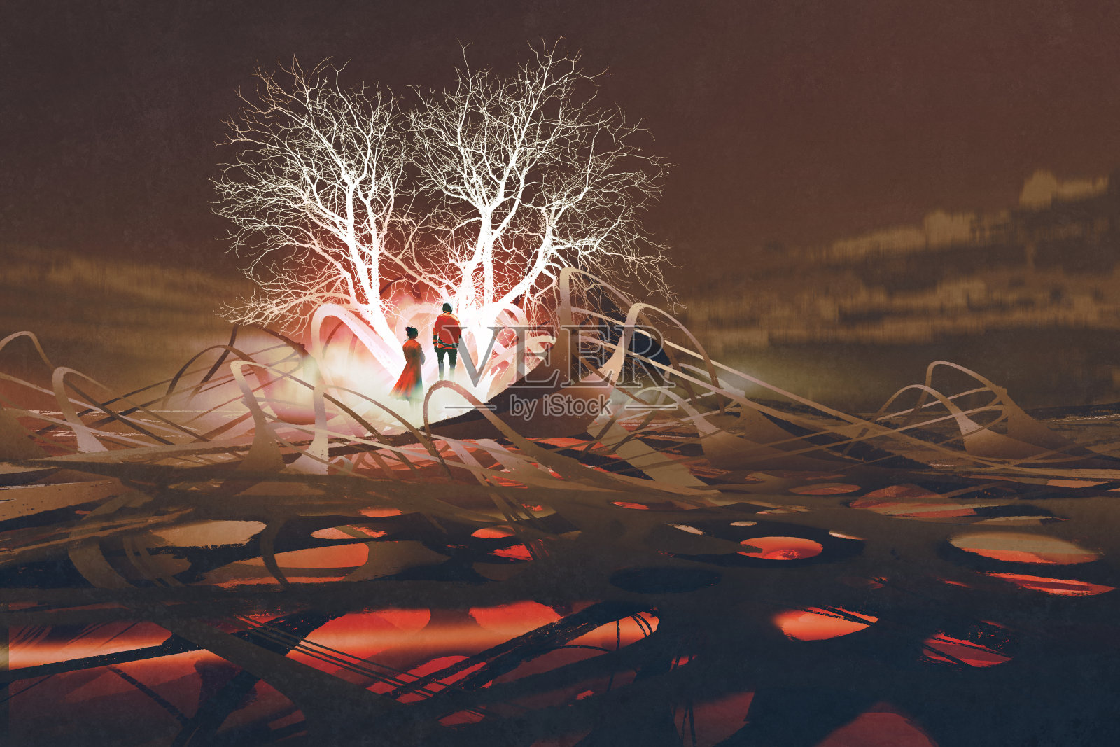 这对情侣站在发光的树前插画图片素材
