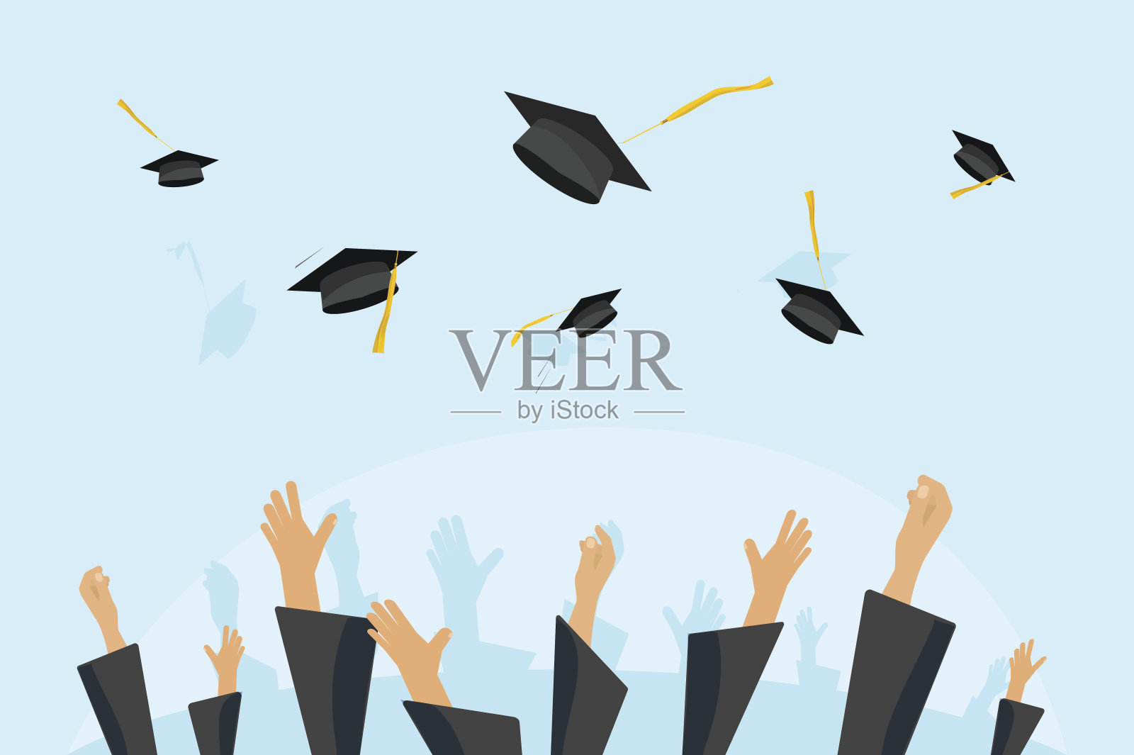 毕业的学生或小学生双手在长袍中向空中抛毕业帽，放飞学术帽，将学位板扔向空中平卡通矢量插图插画图片素材