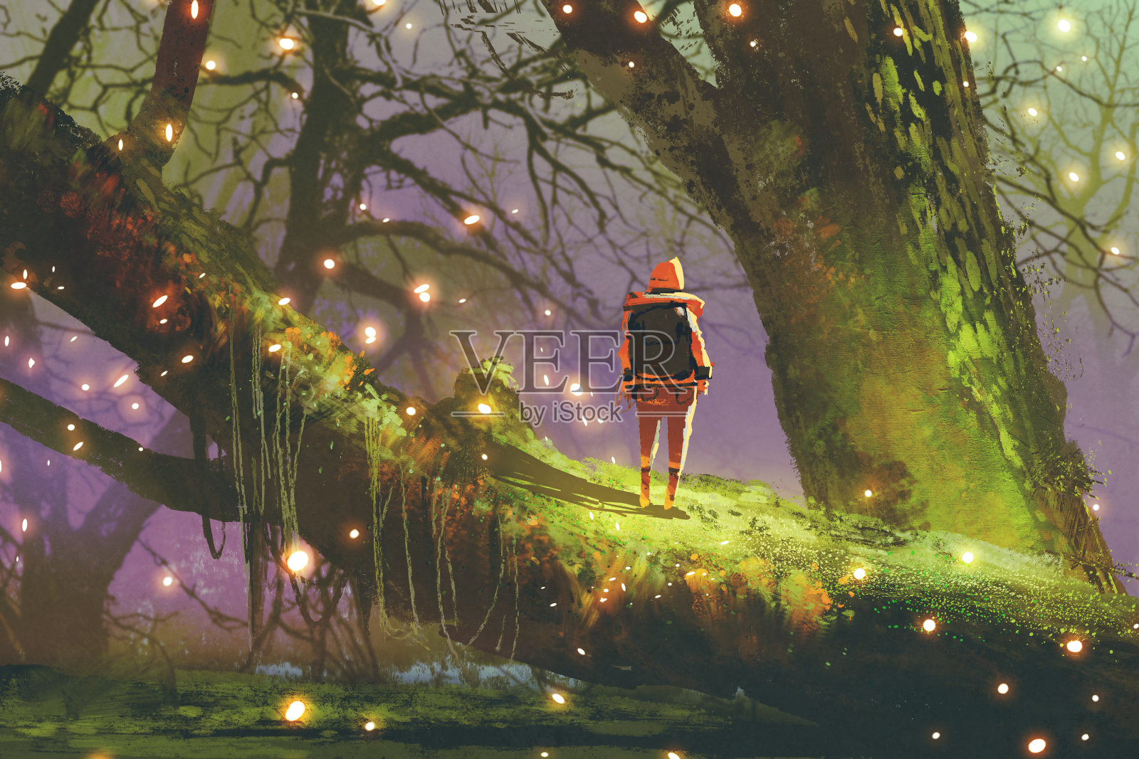 背包徒步者站在一棵大树上插画图片素材