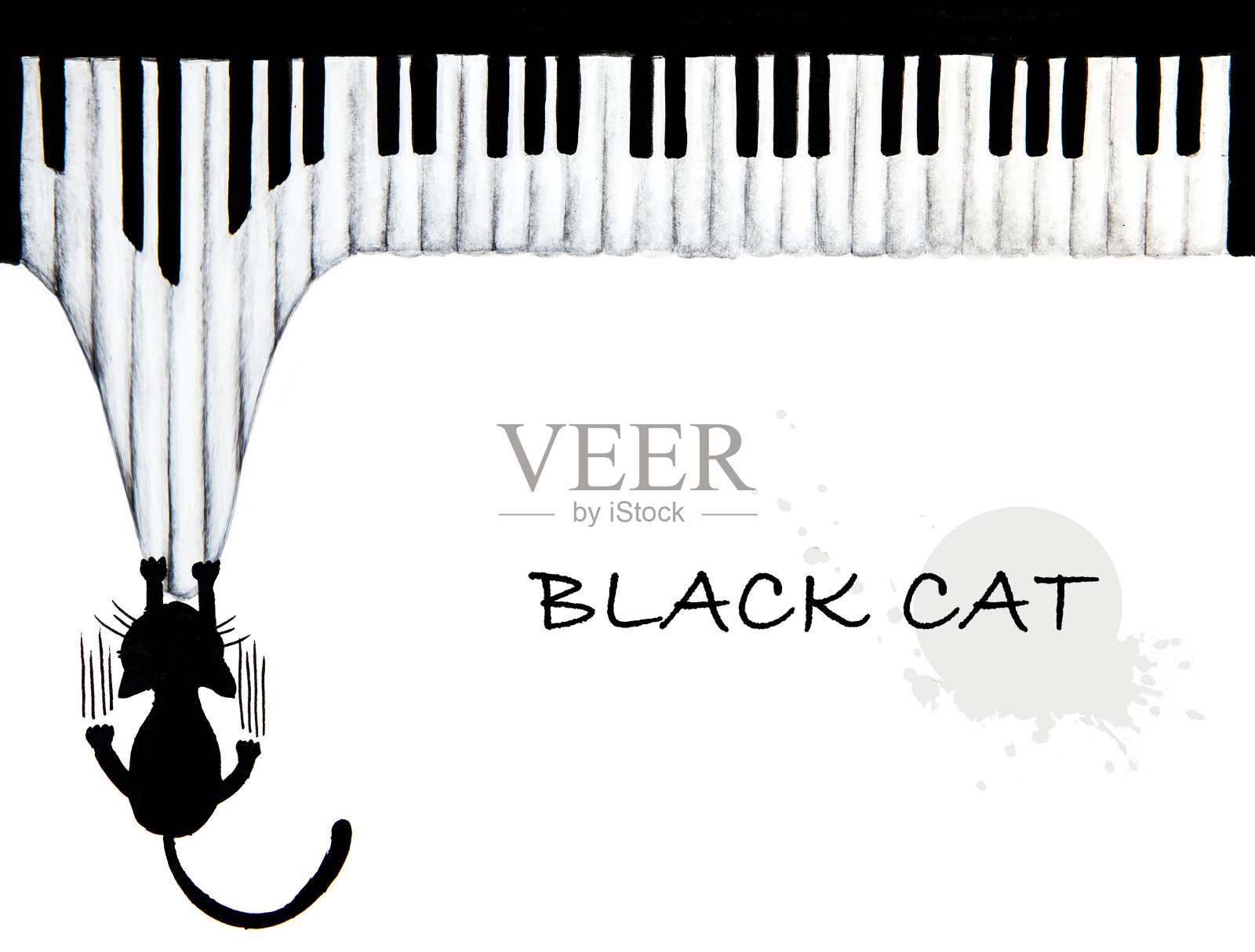 手绘的黑猫抓钢琴-动物抽象插画图片素材