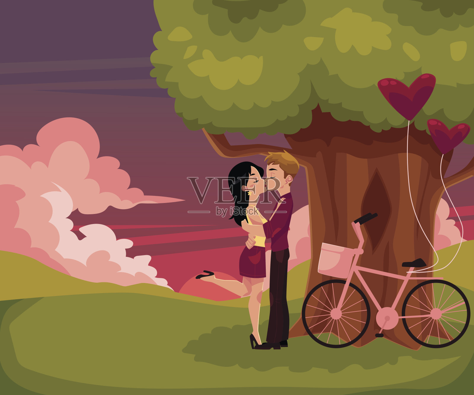 情侣亲吻，在大树下约会，日落时分插画图片素材