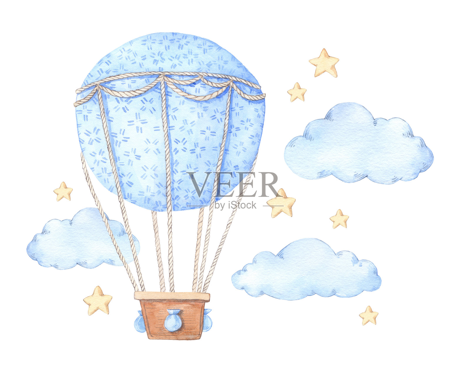 手绘水彩插图-热气球在天空。完美的婴儿印花，海报，邀请函等插画图片素材