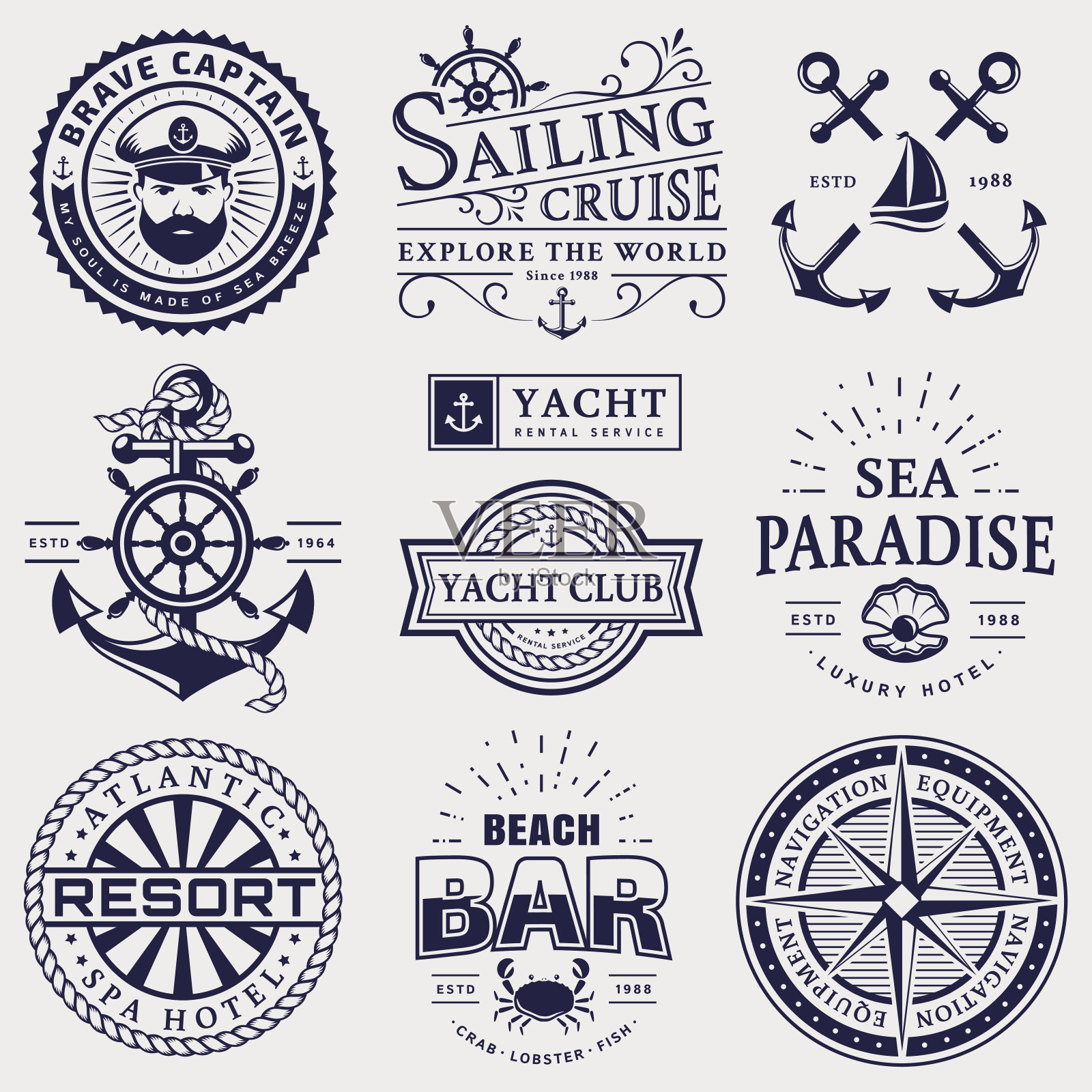 海和航海标志和徽章孤立在白色背景。插画图片素材