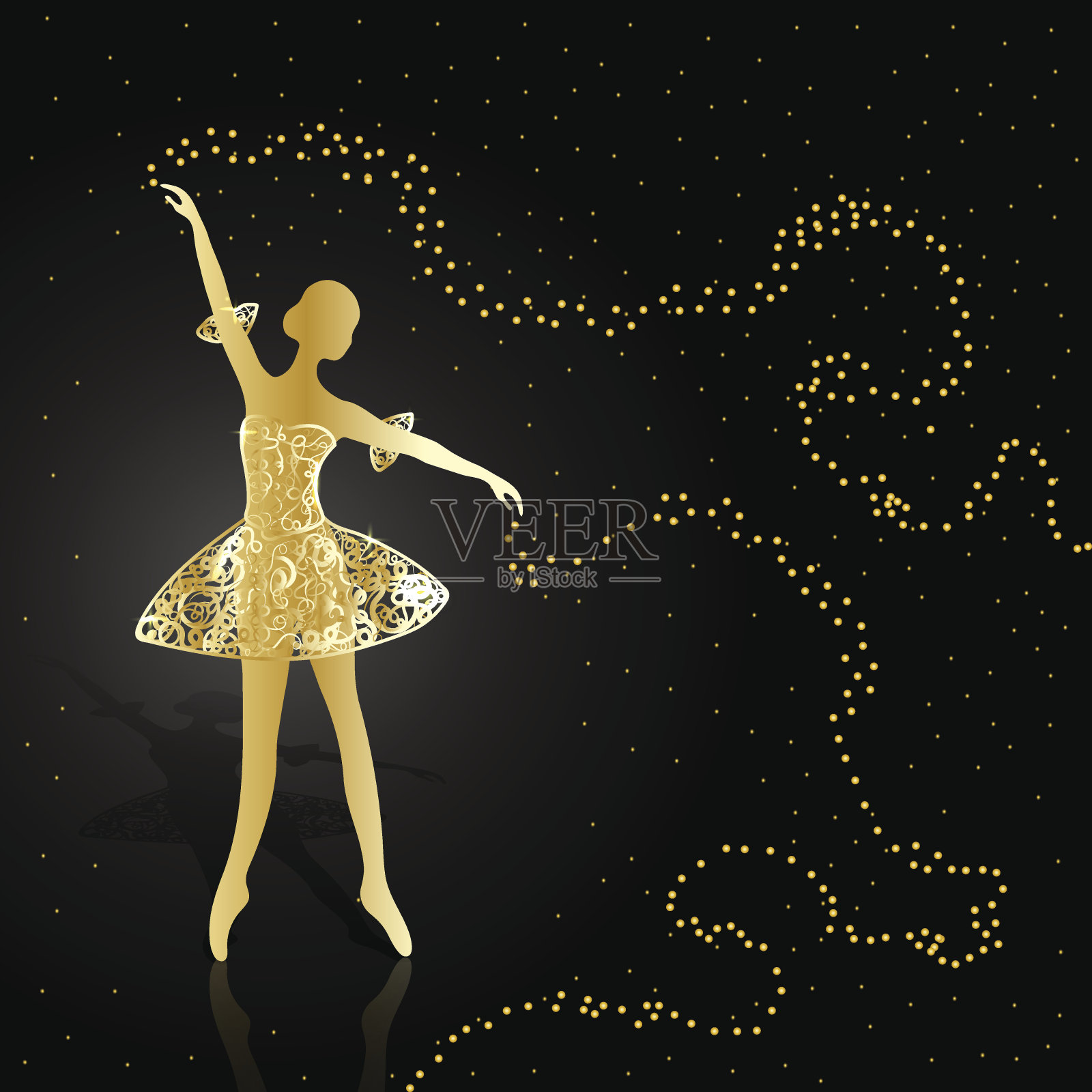 金色的芭蕾舞者拿着一个带有魔法闪光尘埃的漩涡插画图片素材