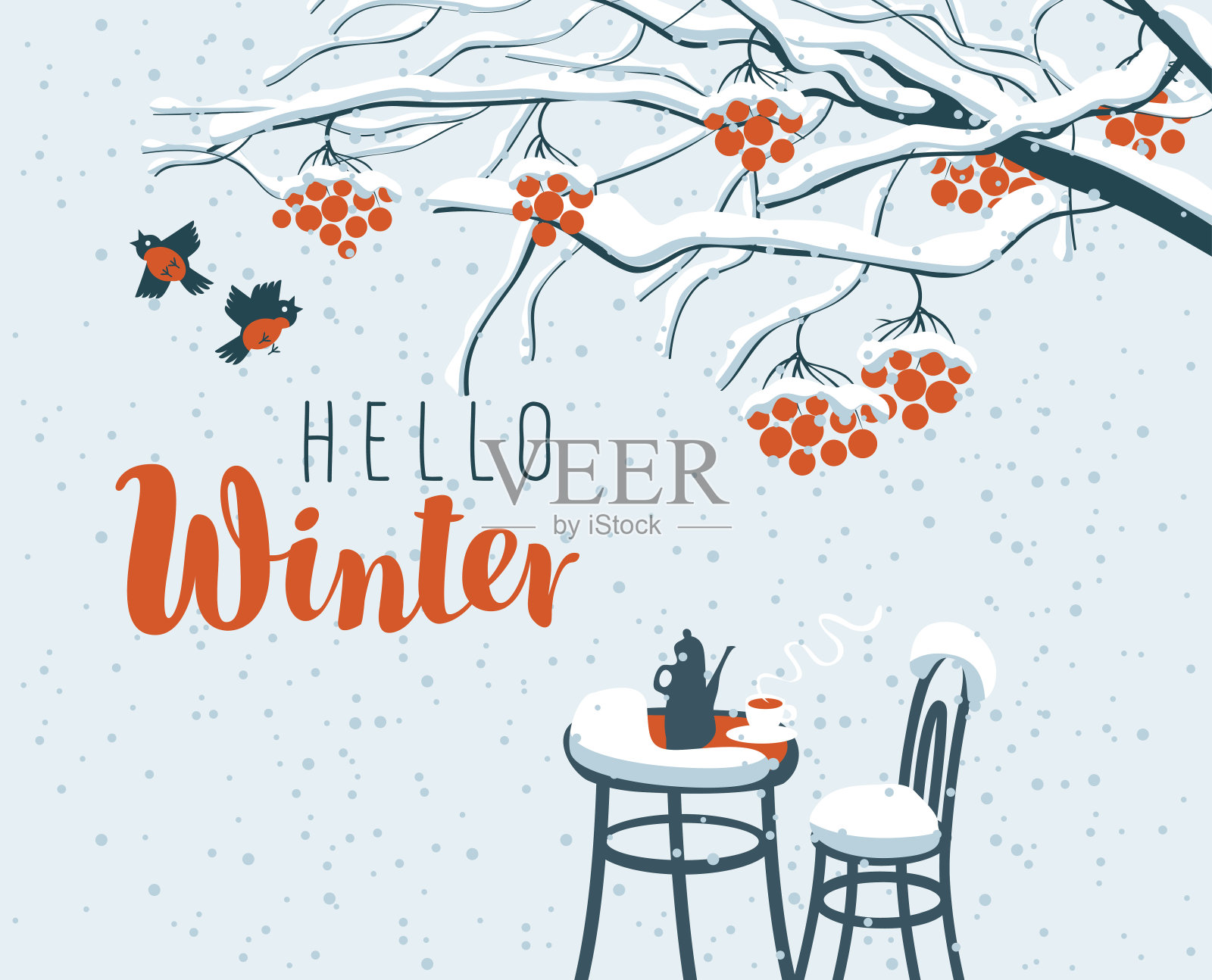 冬天的街头咖啡馆，在Rowan树下的文字插画图片素材