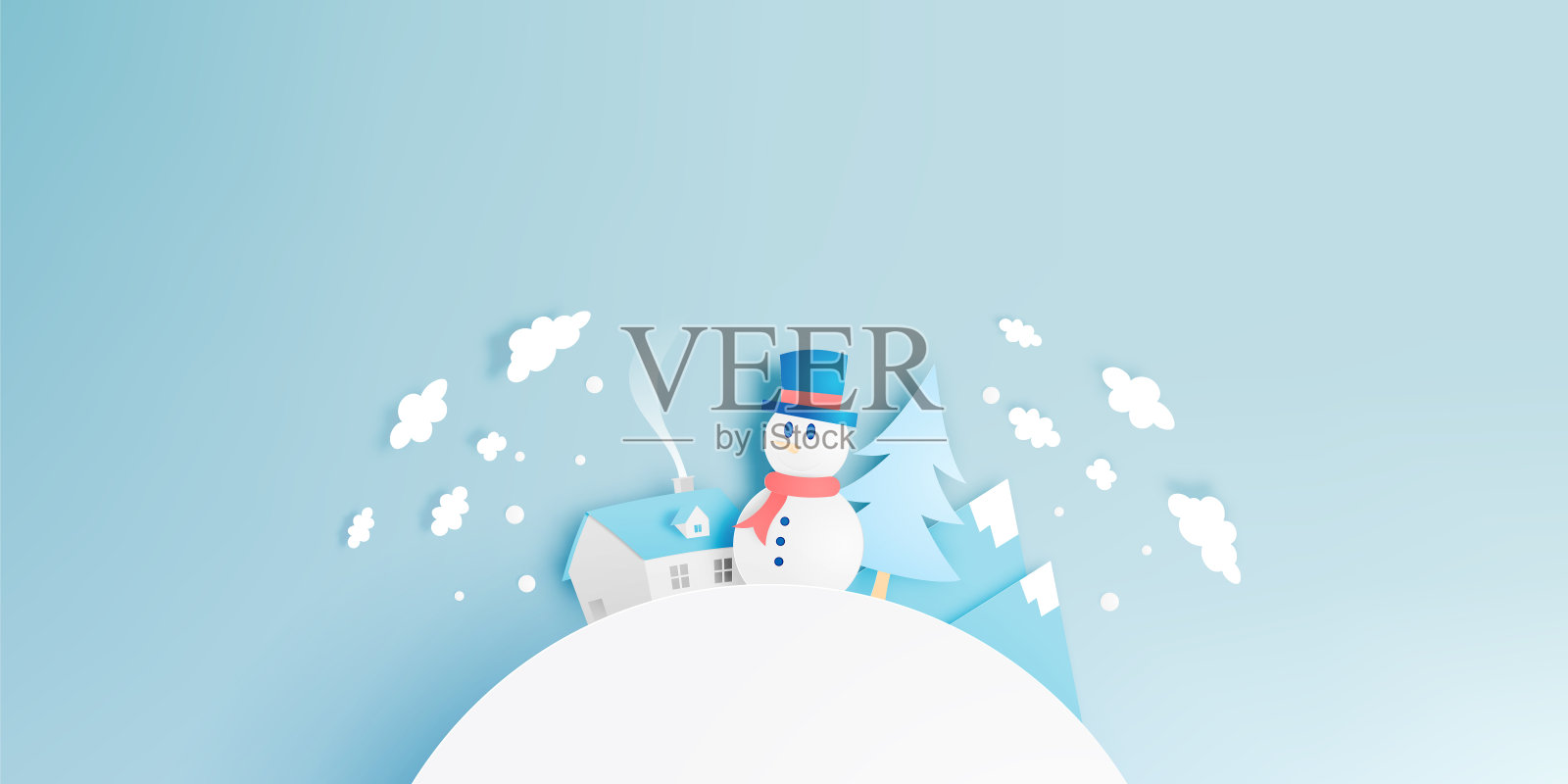 雪人和冬季景观与纸艺术风格和粉彩配色方案设计元素图片