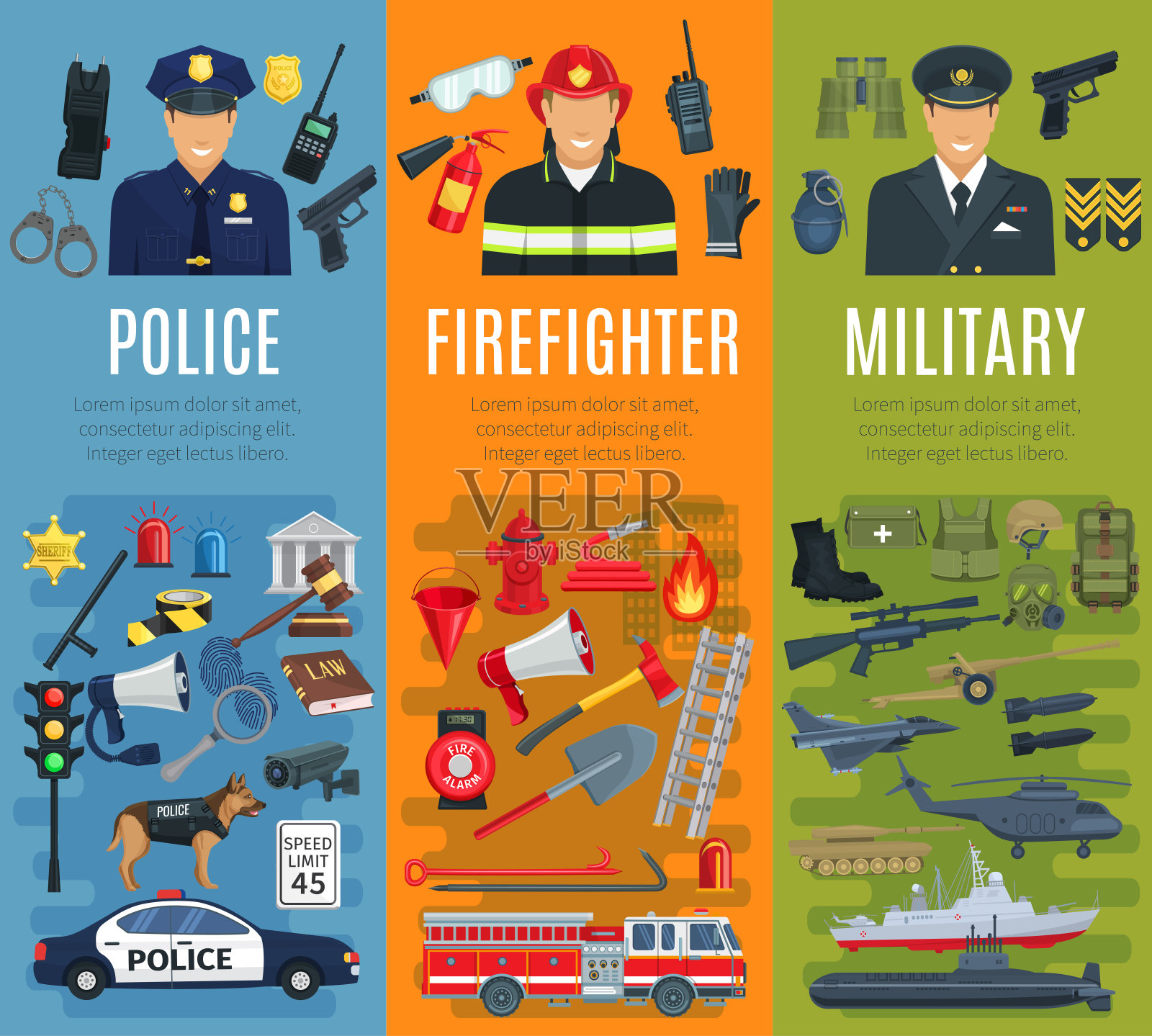 警察、消防队员、军人职业旗帜插画图片素材