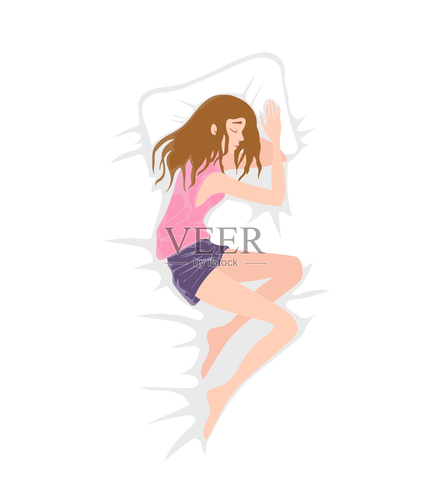 年轻的女孩睡觉。女人睡在白色的床单和枕头上。矢量插图，孤立在白色。从上往下看。插画图片素材