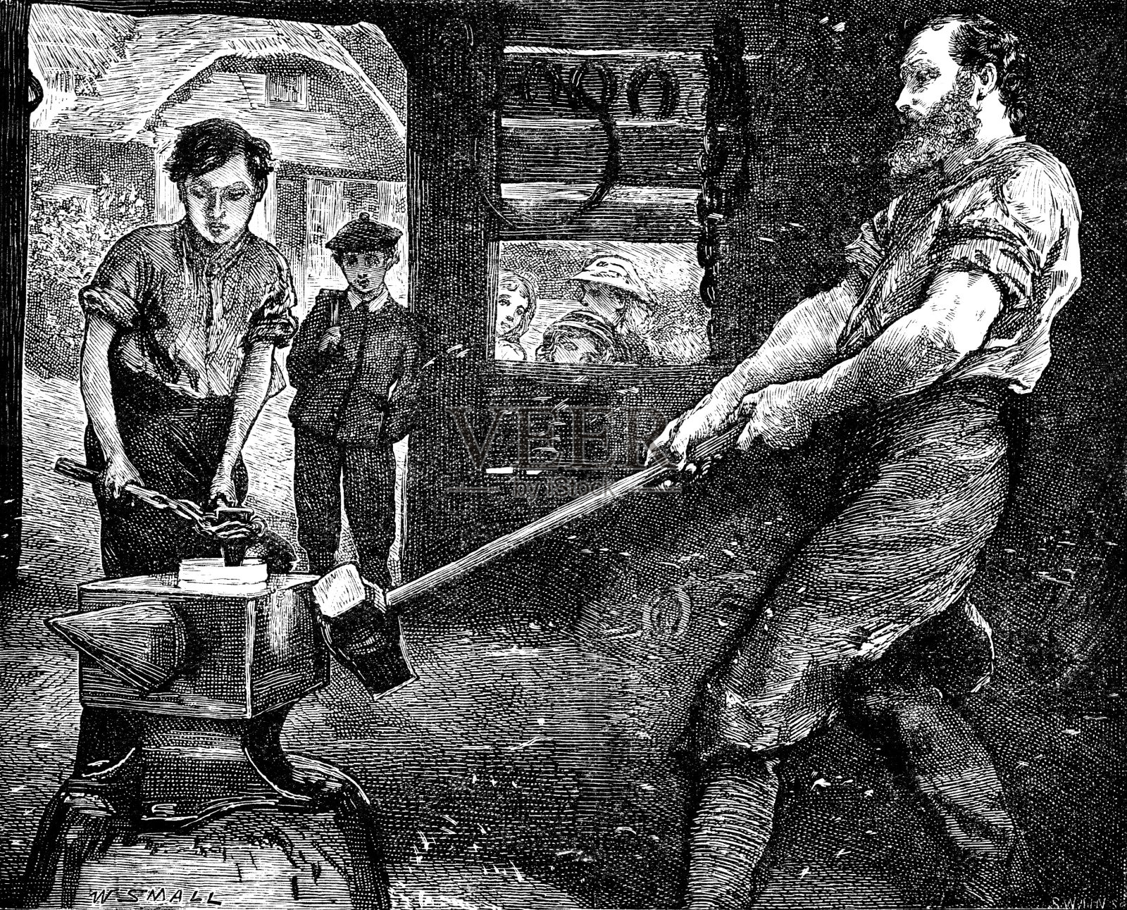 19世纪的文章插图描绘了一个铁匠和他的年轻学徒在一个锻炉工作与儿童观看;艺术家威廉小;分散种子1892插画图片素材