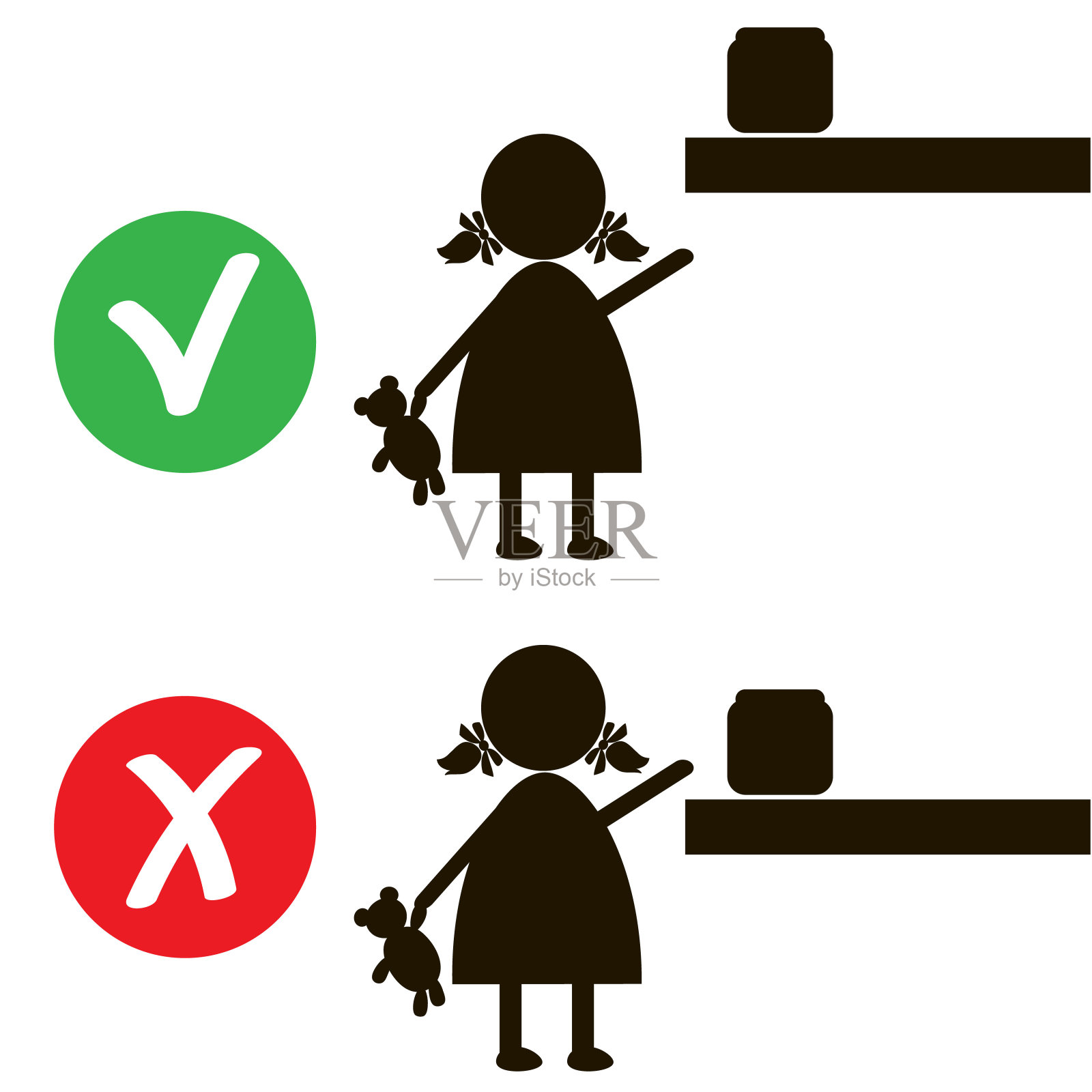 停止标志与子图标隔离在白色背景。儿童禁止矢量插图。孩子是不允许的形象。婴儿是被禁止的。小女孩接触危险物品家居化学品插画图片素材