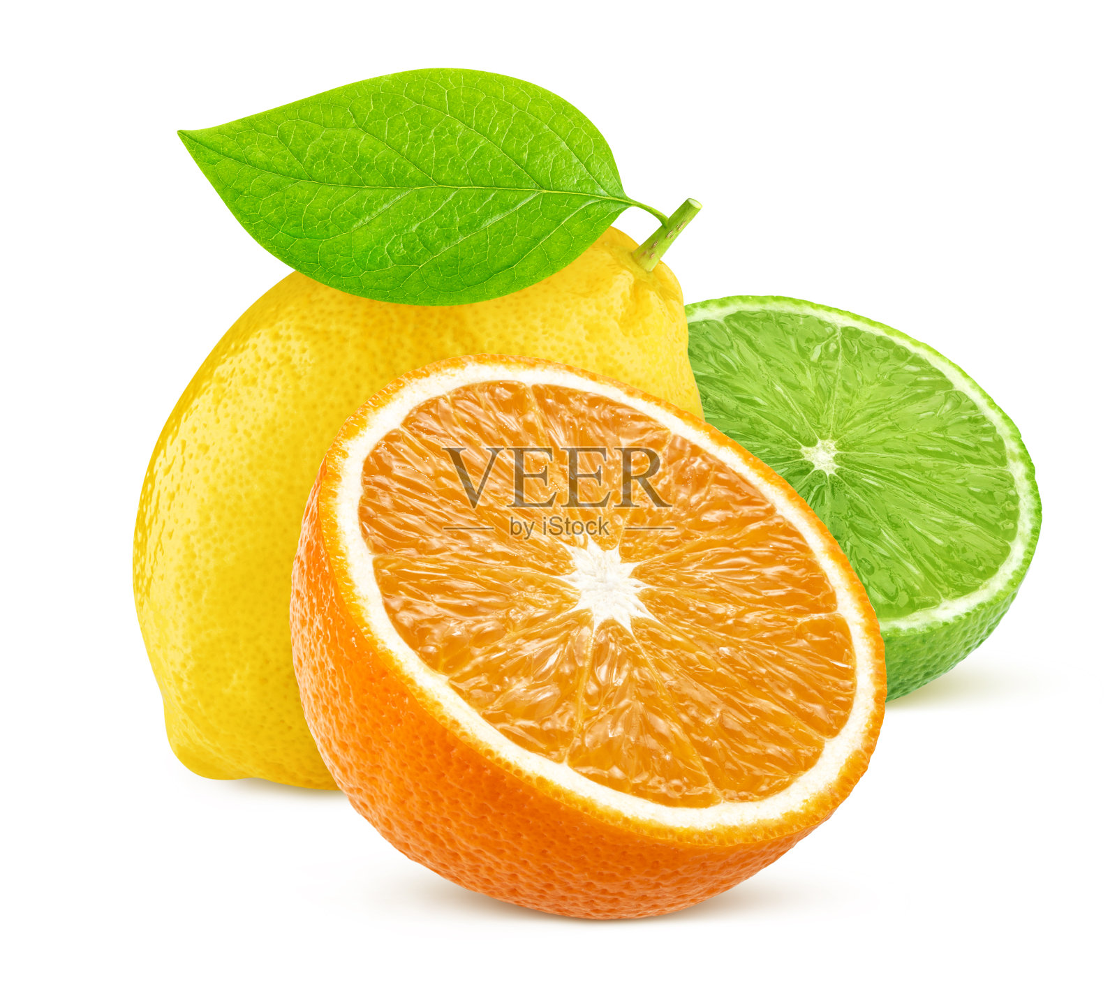 孤立的柑橘类水果。柠檬，酸橙和橙子孤立在白色背景上照片摄影图片