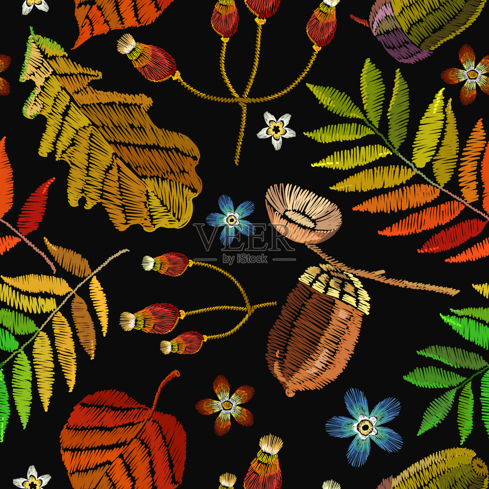 彩色秋树手绘图案矢量无缝背景素材 Vector seamless pattern with colorful autumn trees – 设计小咖