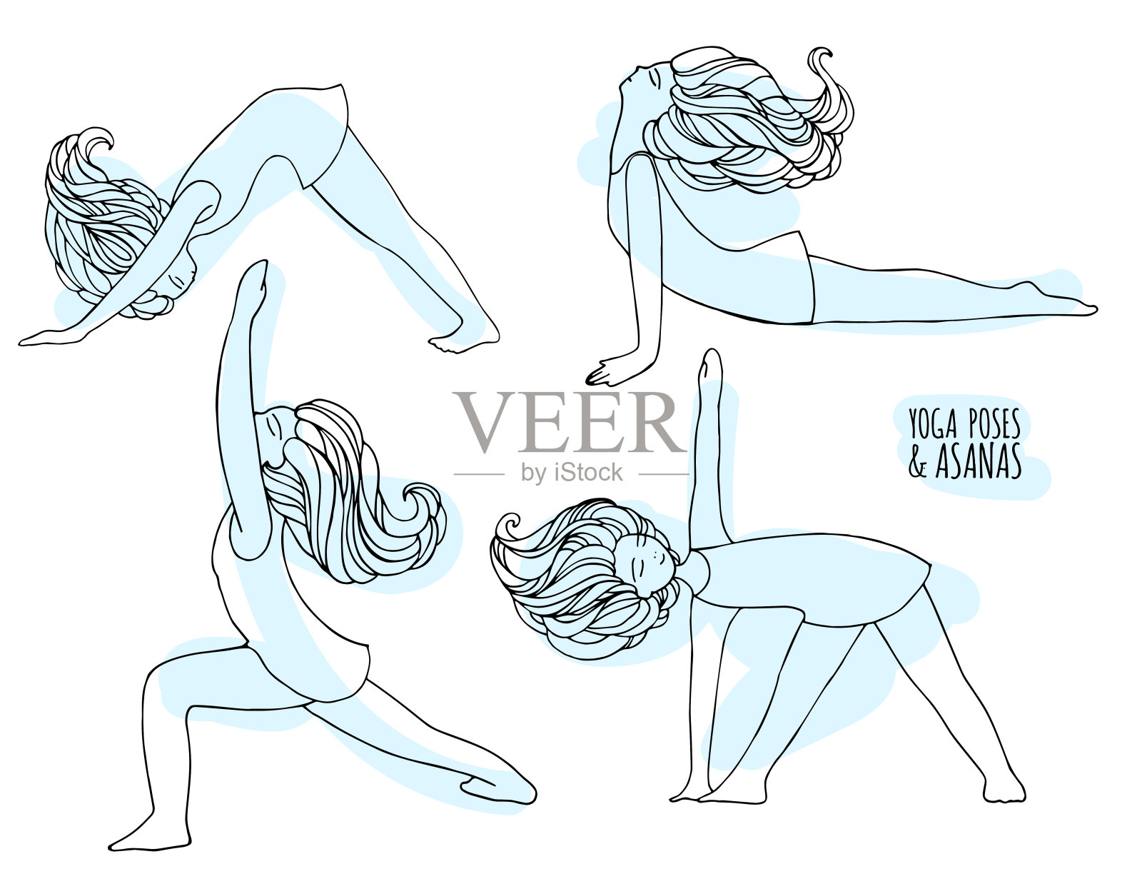 一组瑜伽姿势与可爱的女孩。姿势和体式在手绘风格。女人做瑜伽和放松练习，涂鸦矢量插图。瑜伽姿势的女人。插画图片素材