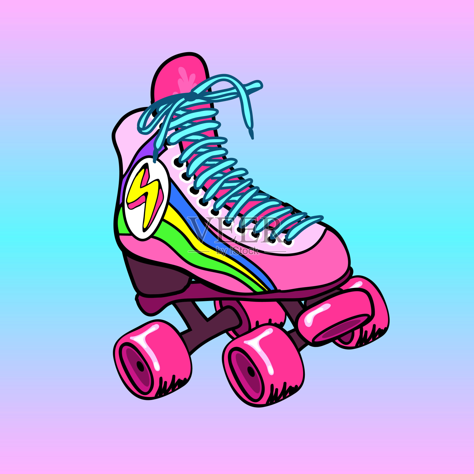 复古的四轮溜冰鞋。有趣鲜艳的素描，手绘插图。插画图片素材