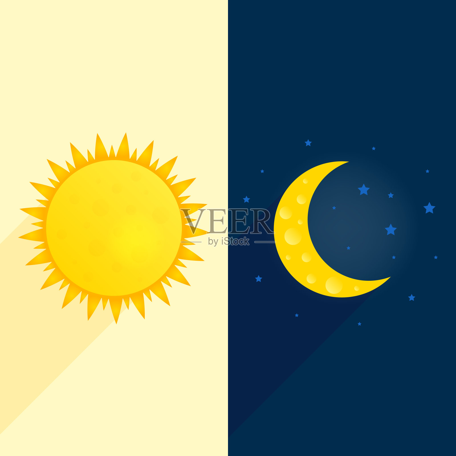 太阳，月亮，星条旗。白天和黑夜时间概念向量。阳光明媚的传单插图。天气背景。天气预报概念日间海报插画图片素材