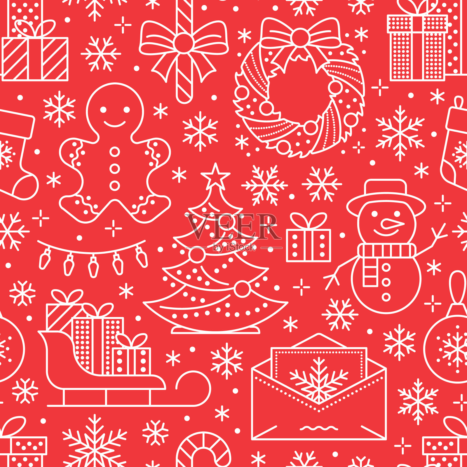 圣诞、新年无缝图案、线条插画。矢量图标的冬季假期圣诞树，礼物，信给圣诞老人，礼物，雪人。庆祝会红白相间的背景插画图片素材