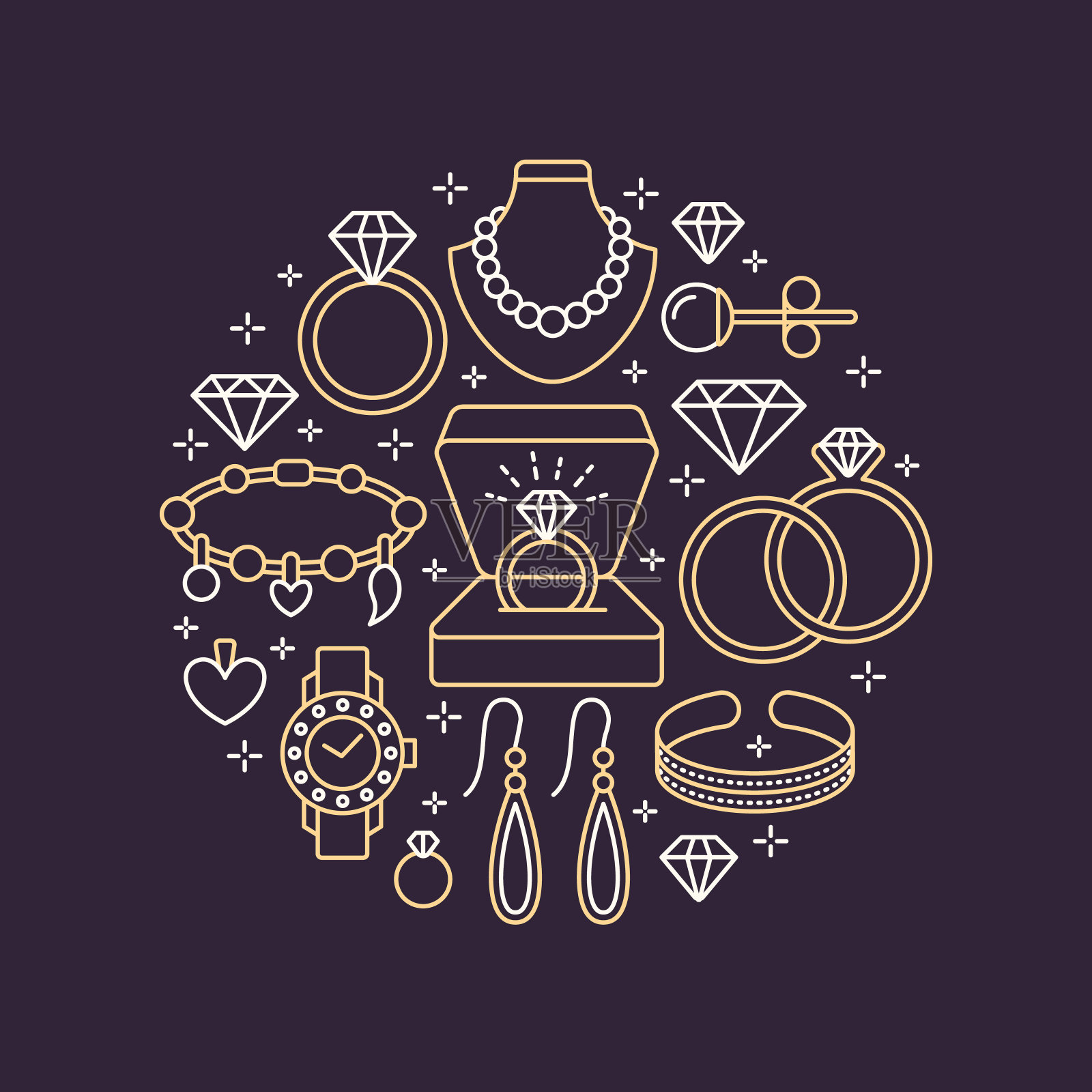 珠宝店，钻石饰品横幅插图。矢量线图标的珠宝-金表，订婚戒指，宝石耳环，银项链，护身符，珠宝。时尚店圈模板插画图片素材