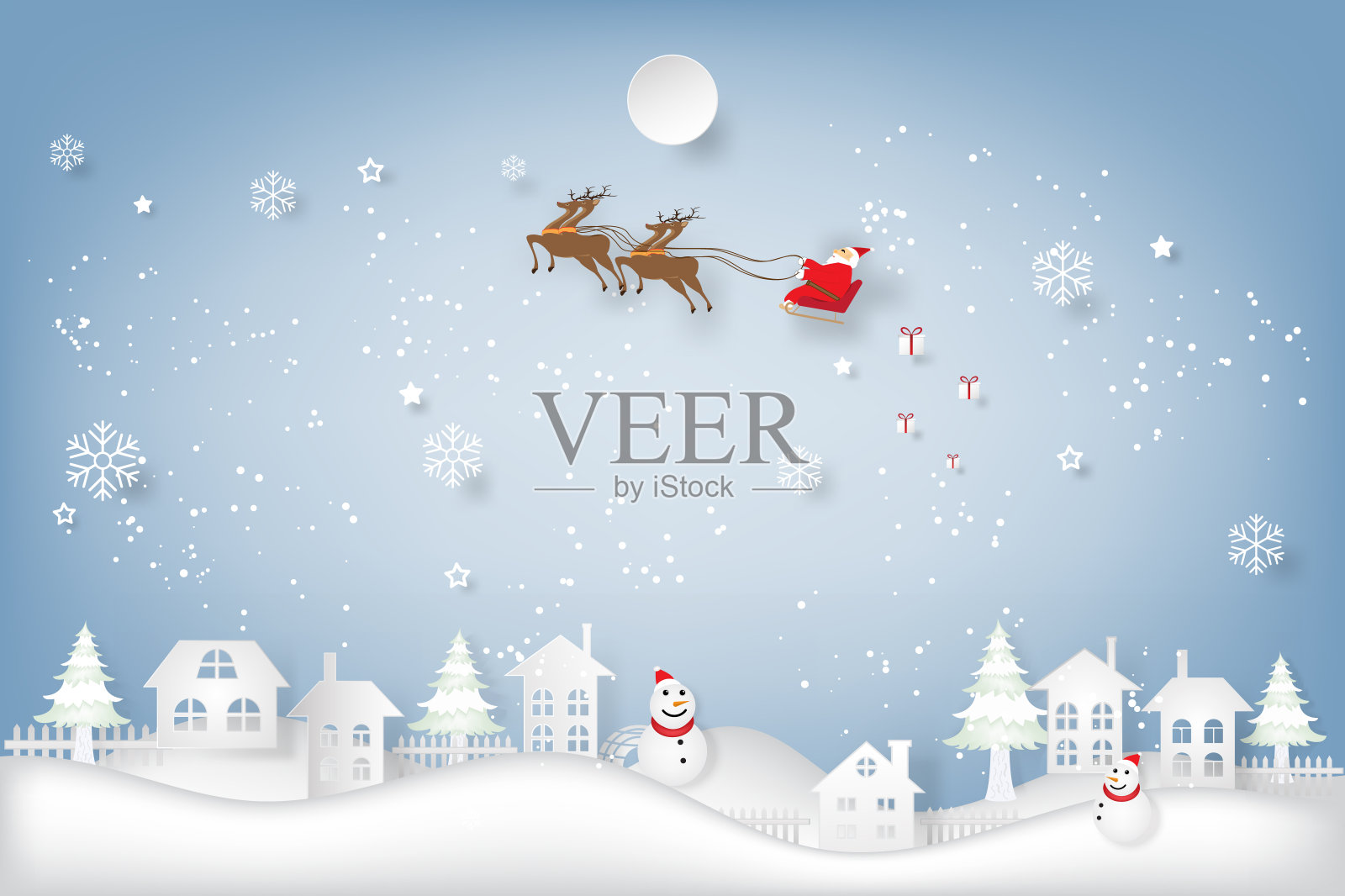 圣诞老人在雪橇上，驯鹿在雪花上越过雪人，圣诞快乐在冬日背景下作为节日和圣诞节的概念。矢量插图。插画图片素材