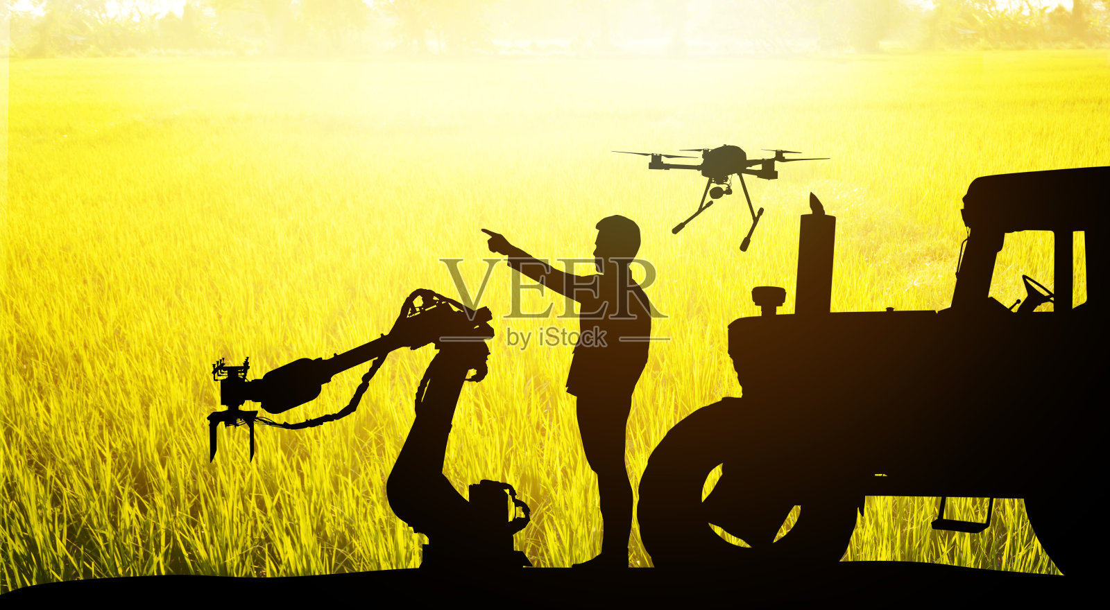 智能农场农业精准技术理念。农民剪影，自动化机器人手臂机，无人机无人机，拖拉机卡车和稻田背景。闪光效果。照片摄影图片
