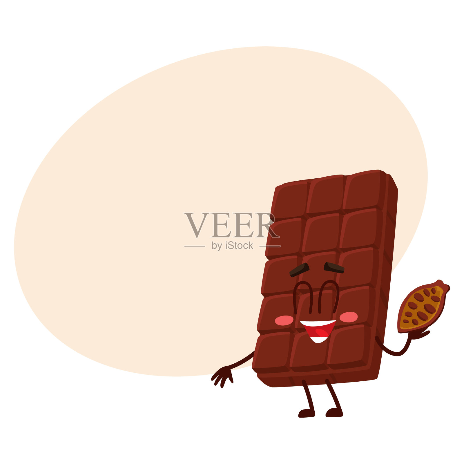 可爱的巧克力棒人物，滑稽的脸，拿着可可豆插画图片素材