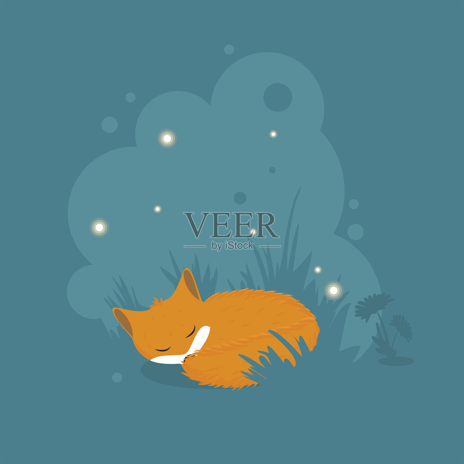 可爱的小红狐在夏夜的草地上睡觉插画图片素材