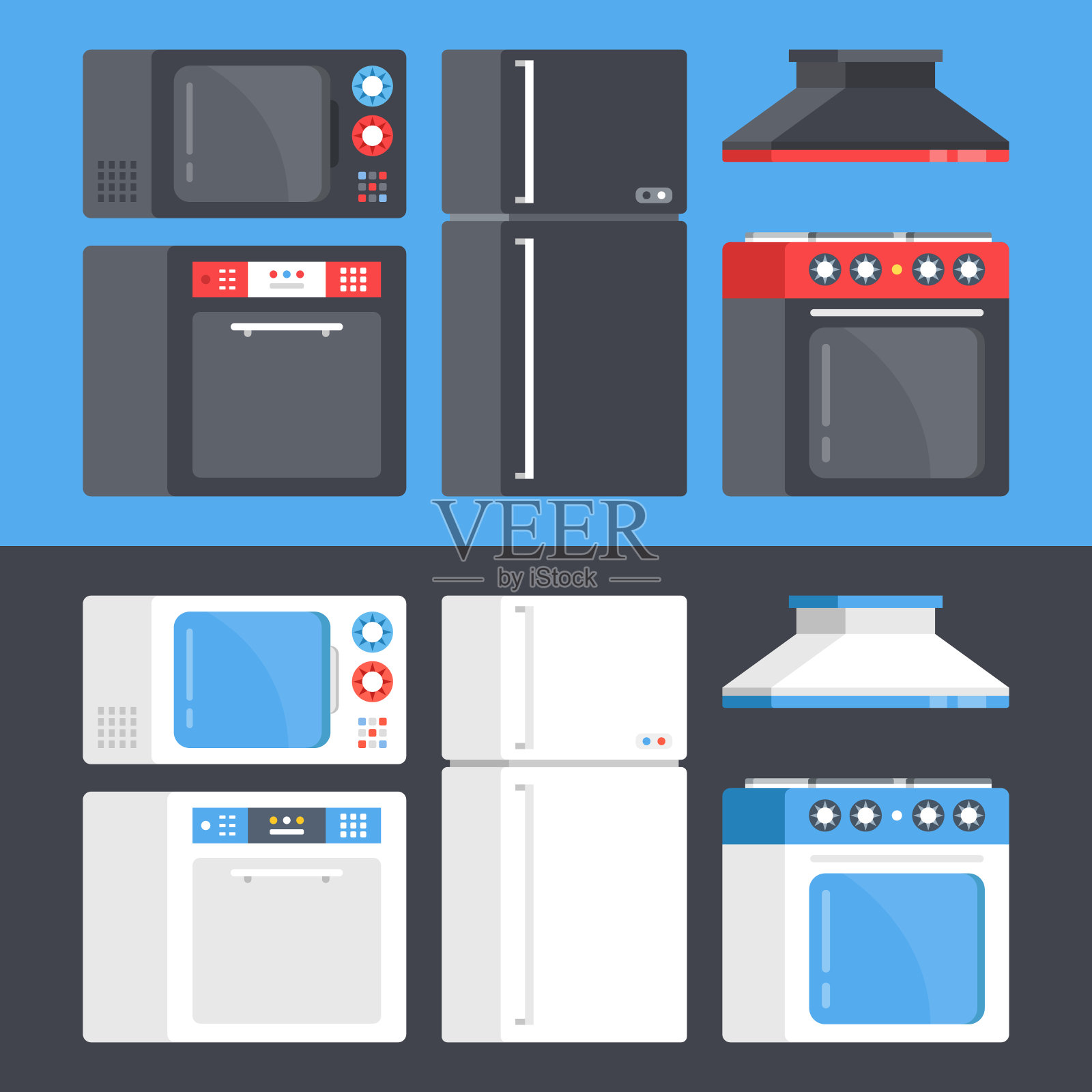 厨房用具。微波炉、洗碗机、电冰箱、电灶、灶具罩。平面设计。黑白风格概念。现代的矢量图插画图片素材