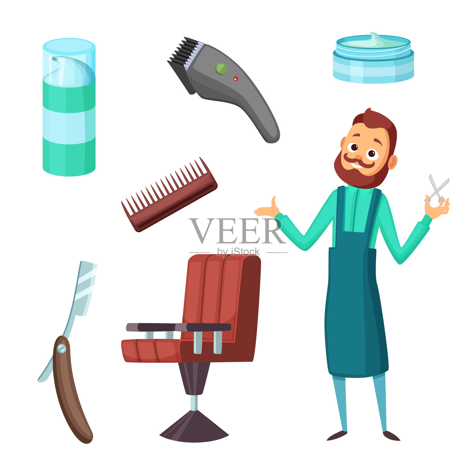 理发师在工作和不同的理发店工具的插图。矢量收集在卡通风格插画图片素材
