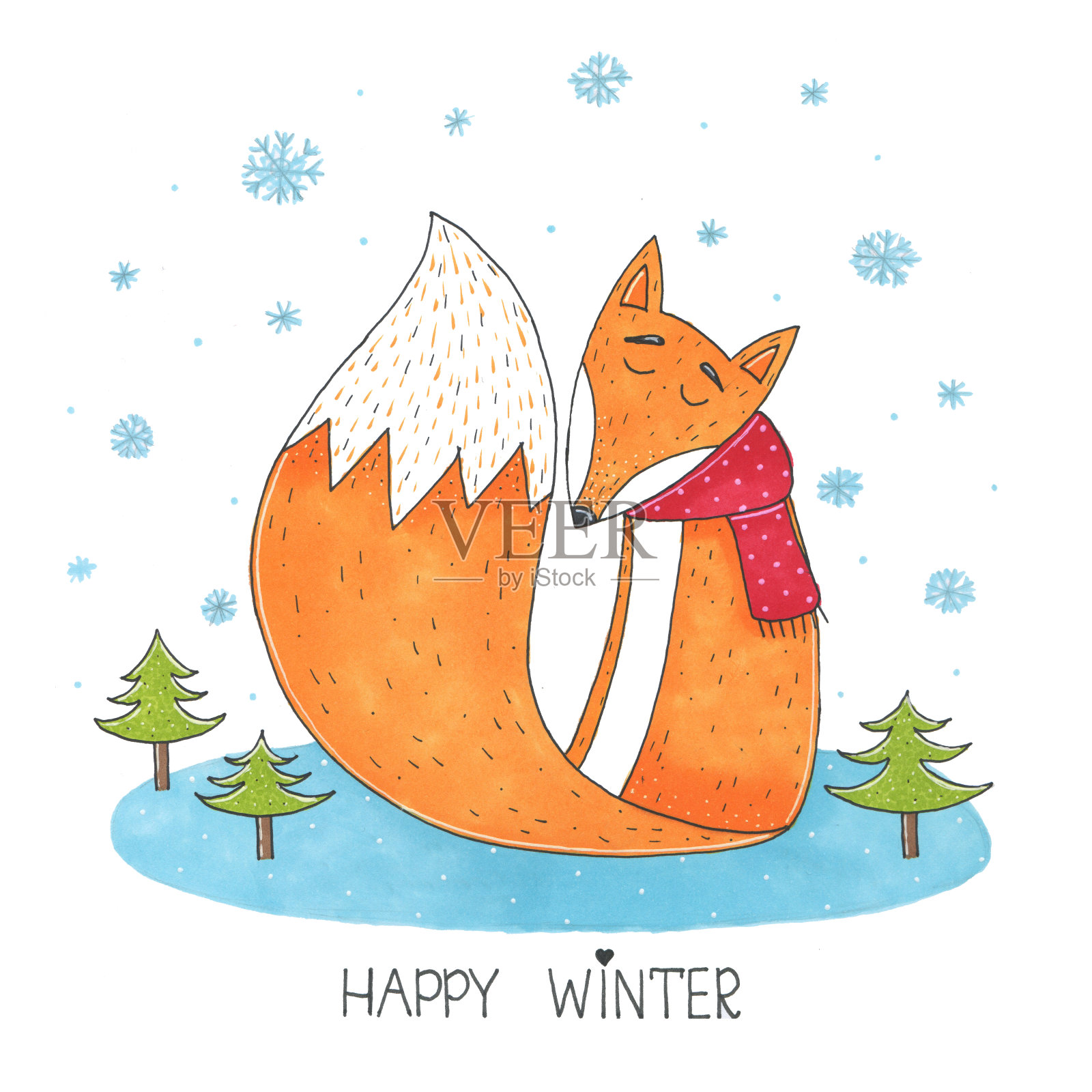 可爱的标记狐狸在围巾在冬天坐在草地上的插图设计元素图片
