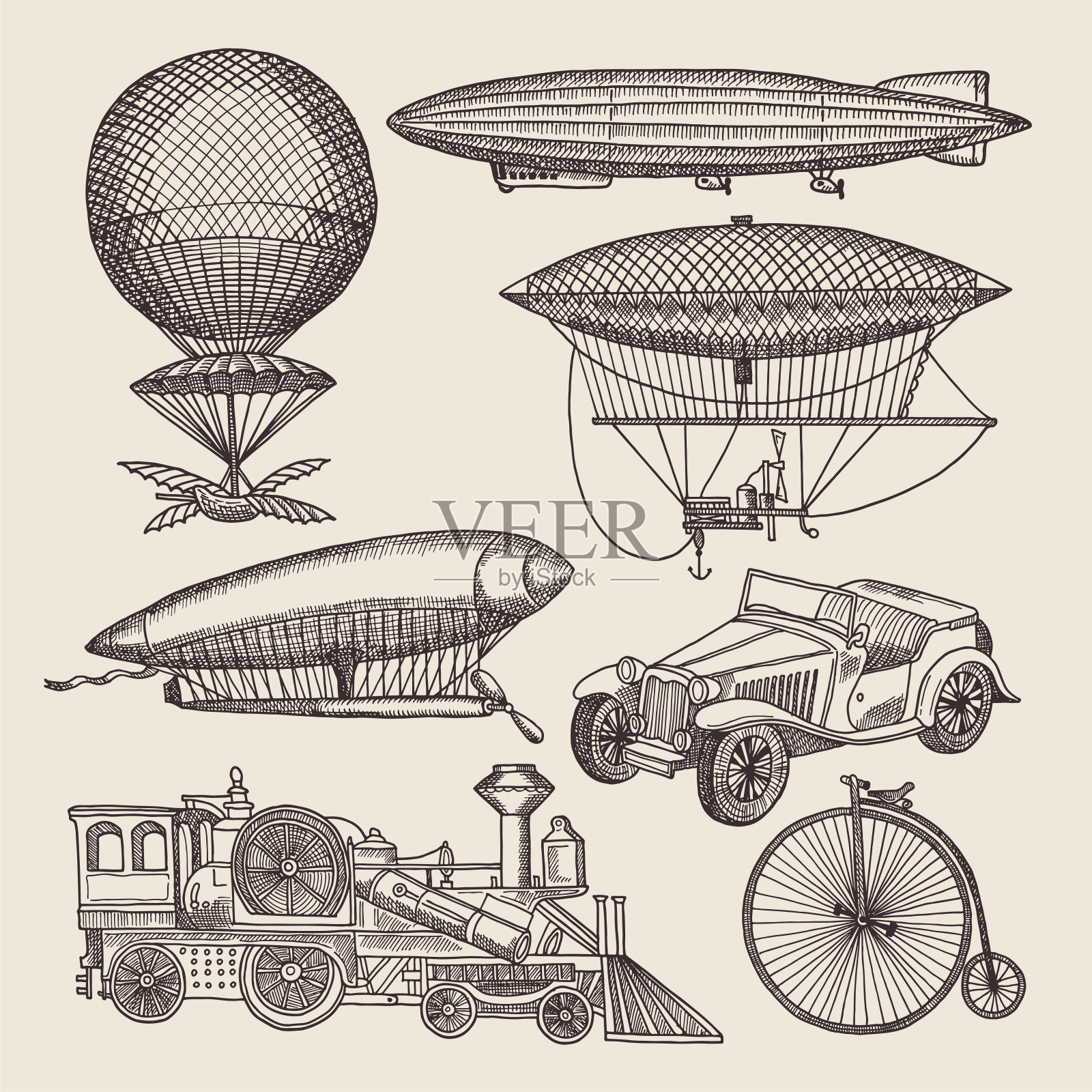 不同复古运输的插图。气球、齐柏林飞艇、机器等等。蒸汽朋克手绘插图插画图片素材