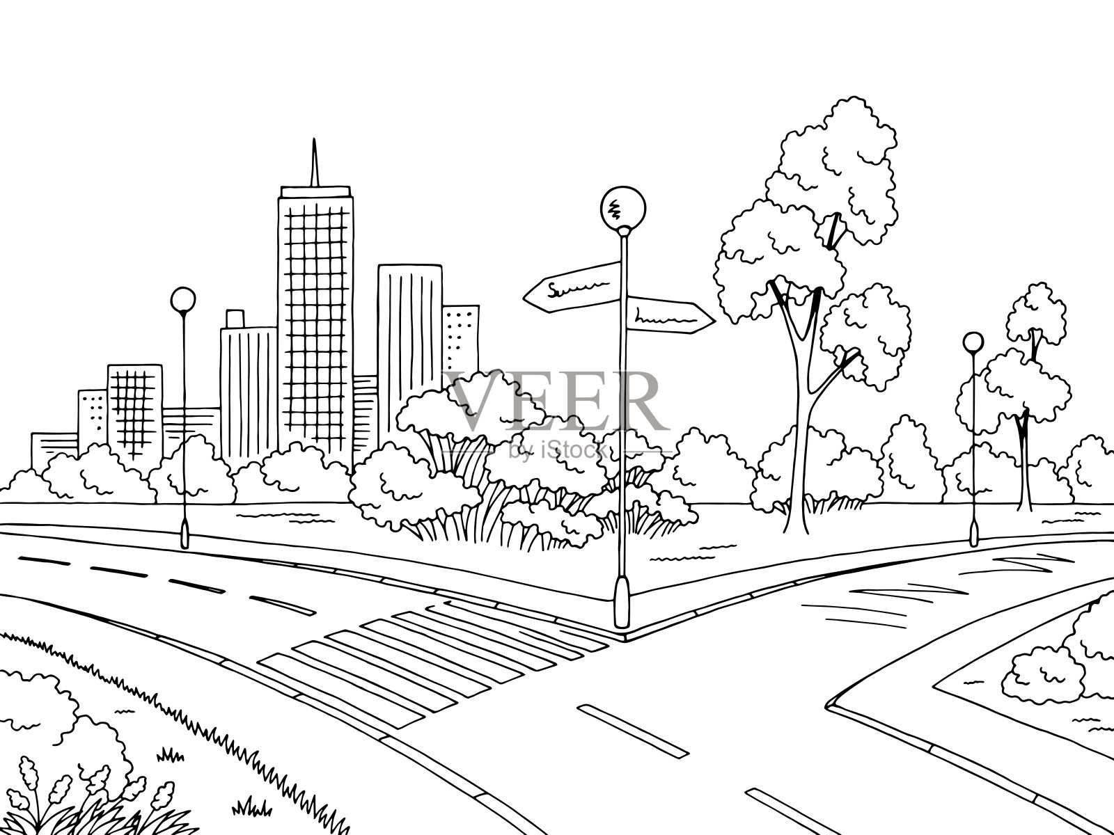 街道道路图形黑白城市景观素描插图矢量插画图片素材