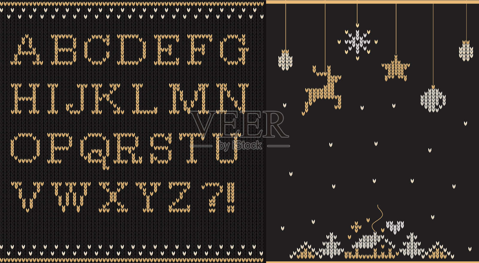 圣诞节针织字体。编织的金色字母在无缝的黑色背景插画图片素材