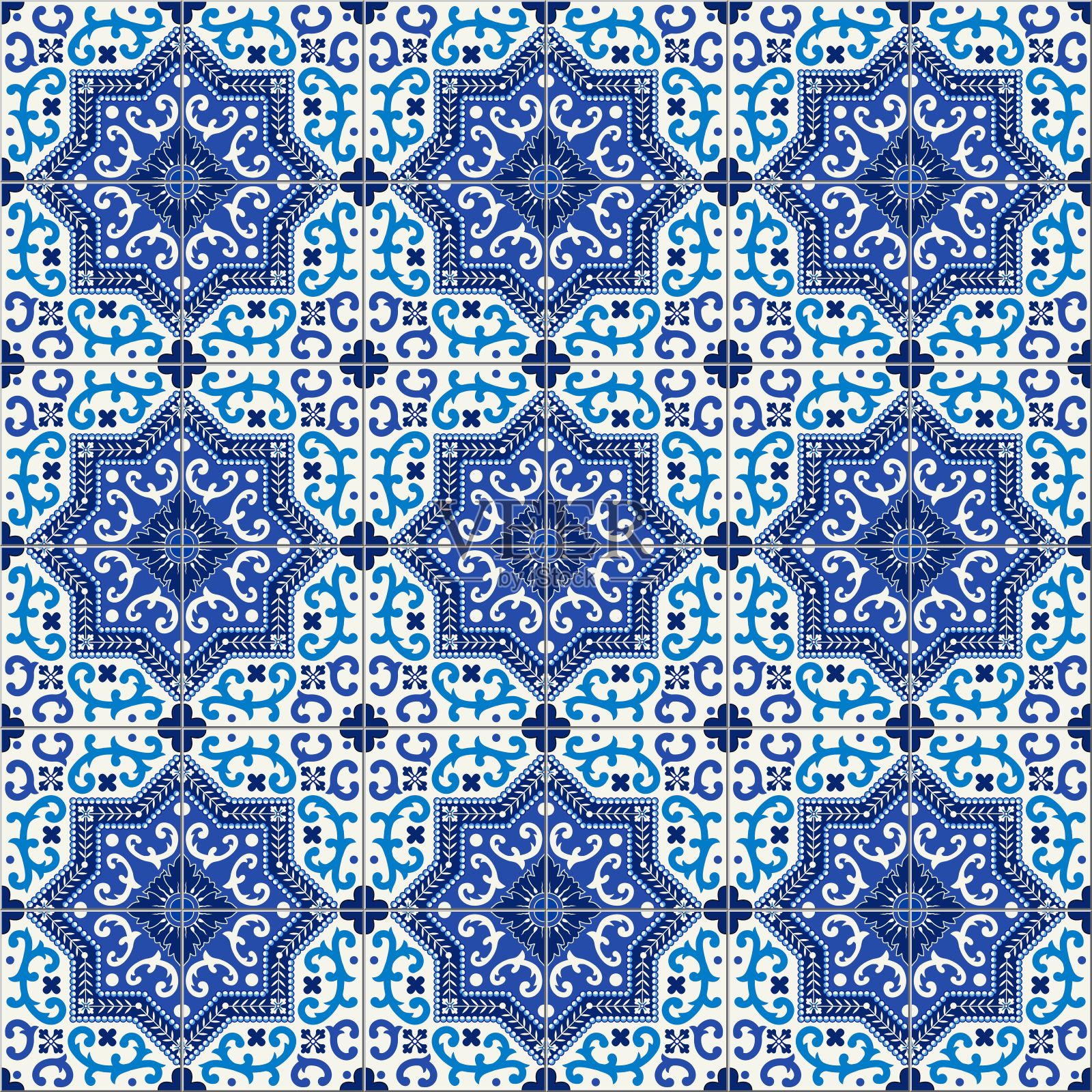 华丽的无缝花纹白蓝色摩洛哥，葡萄牙瓷砖，阿苏莱霍，装饰品。可用于壁纸，图案填充，网页背景，表面纹理。插画图片素材