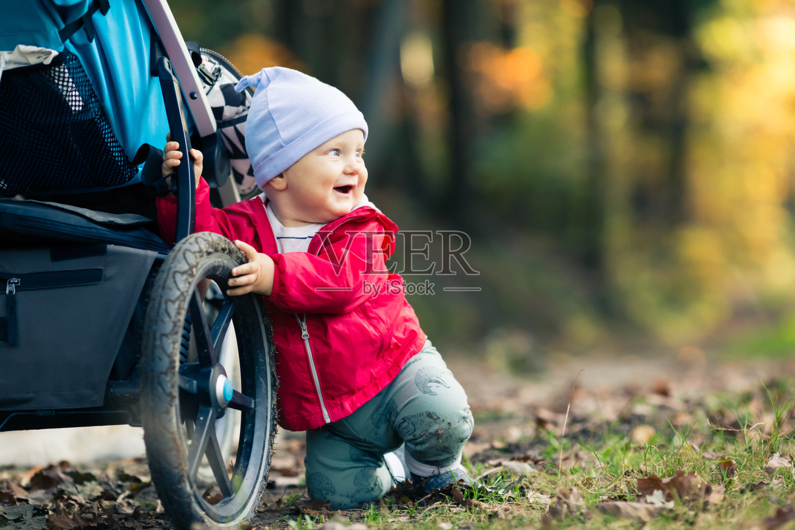 小男孩在秋天的森林里玩着婴儿车，户外玩得很开心照片摄影图片