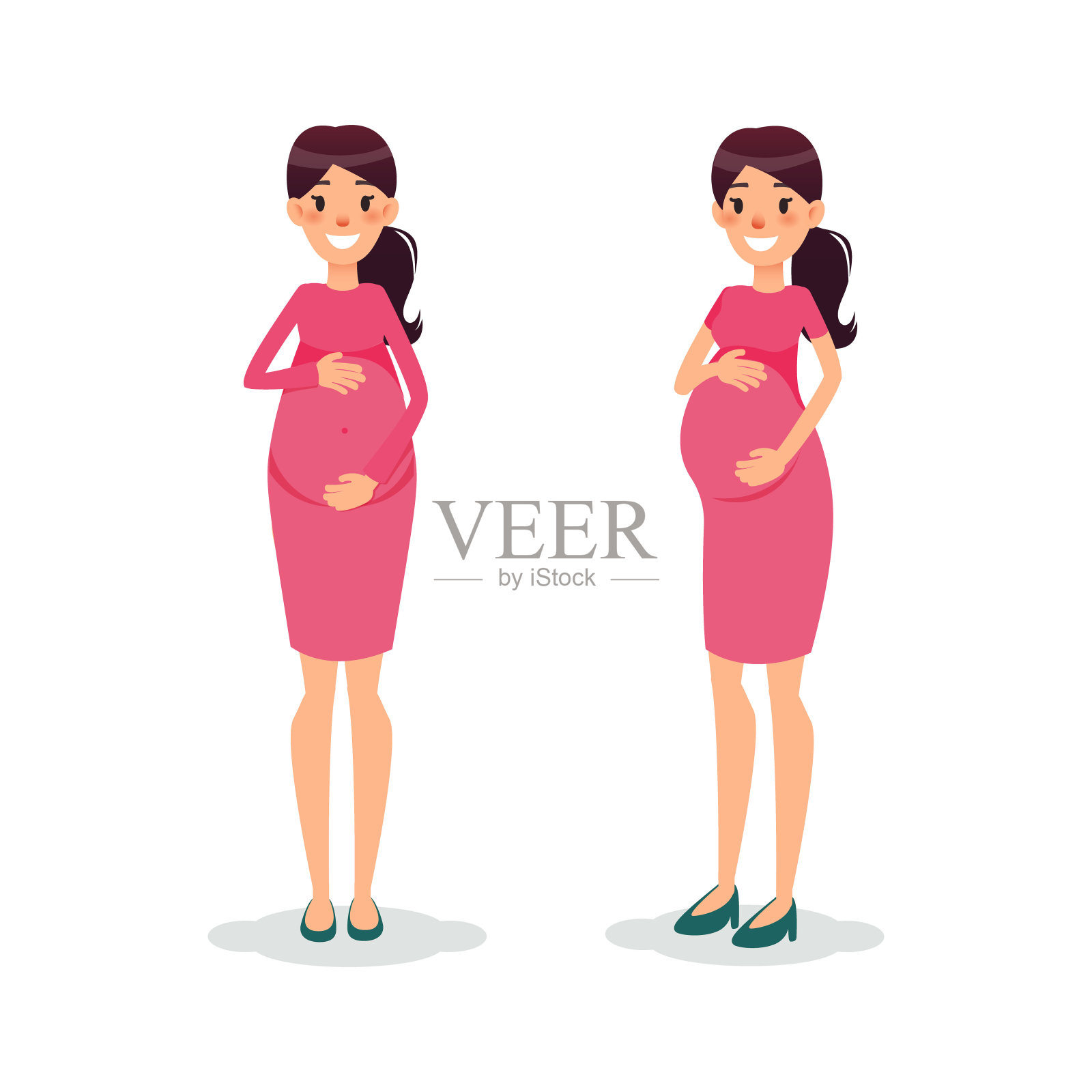 怀孕快乐扁女人。未来的妈妈卡通人物。孕妇摆姿势插画图片素材