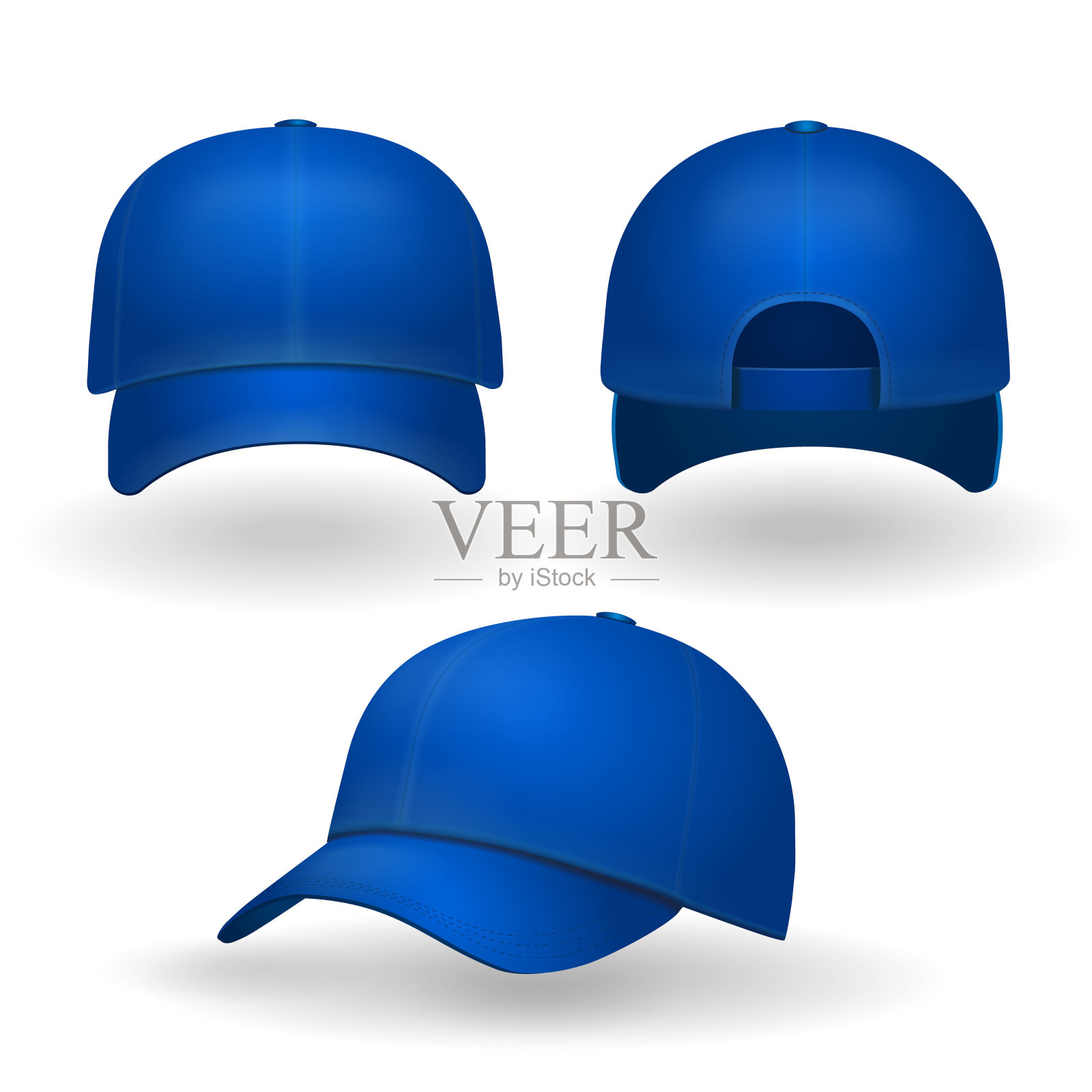 蓝色棒球帽设置前侧视图孤立的白色背景插画图片素材