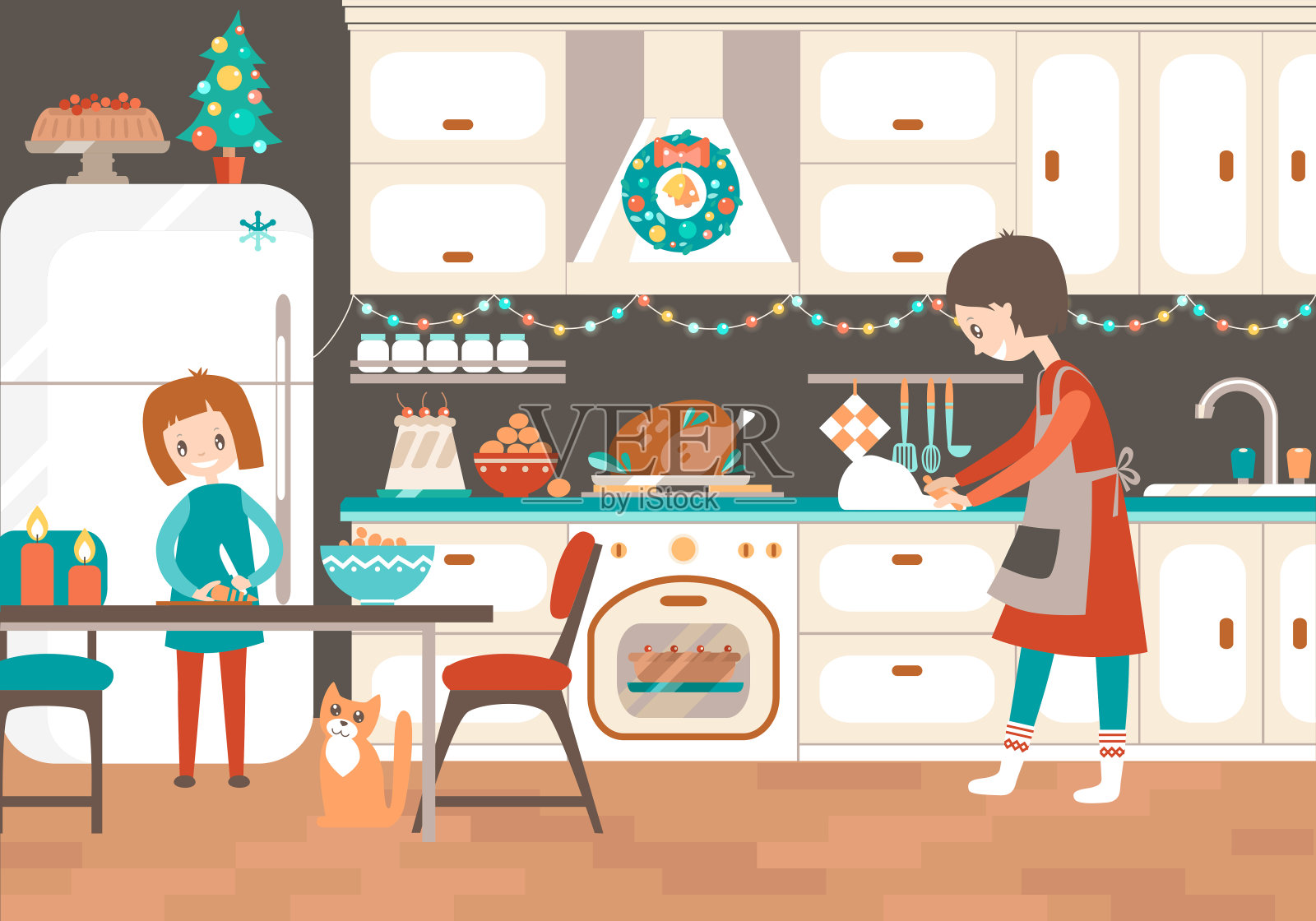 妈妈和女儿一起在厨房烹饪圣诞大餐插画图片素材