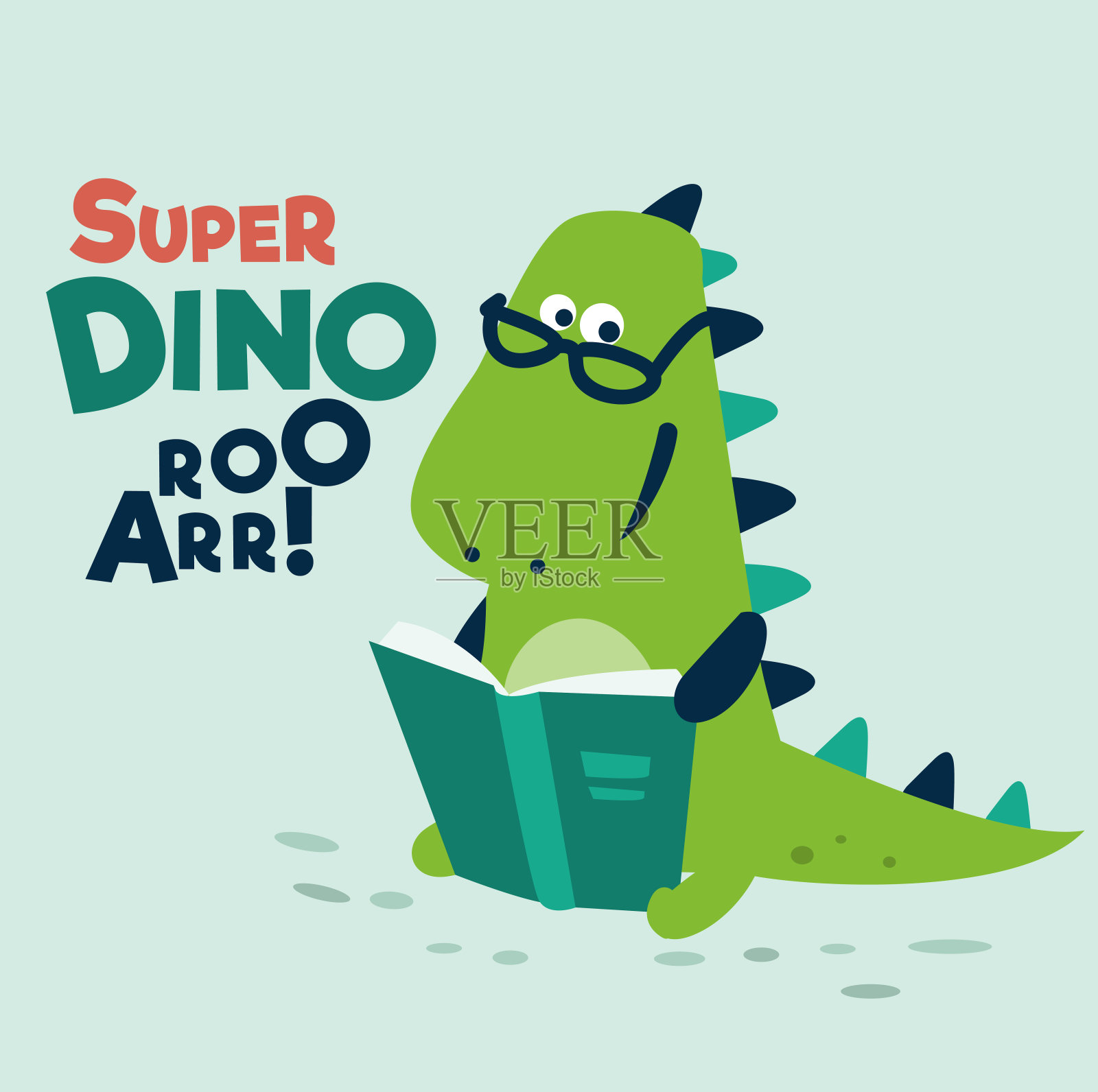 可爱的恐龙看书。有趣的霸王龙设计元素图片