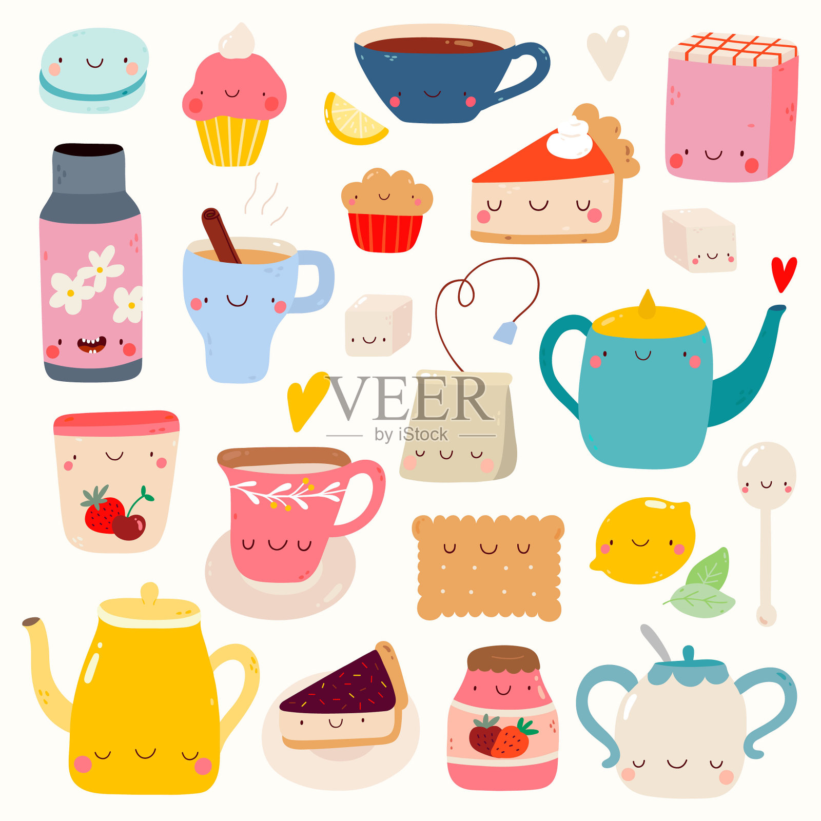 关于茶和甜点的手绘笑脸符号。设计元素图片
