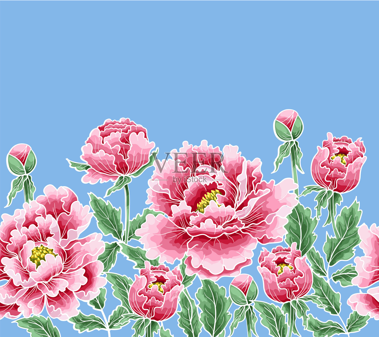 日式牡丹花。在绿色背景上的刺绣或纺织印花补丁。矢量插图。插画图片素材