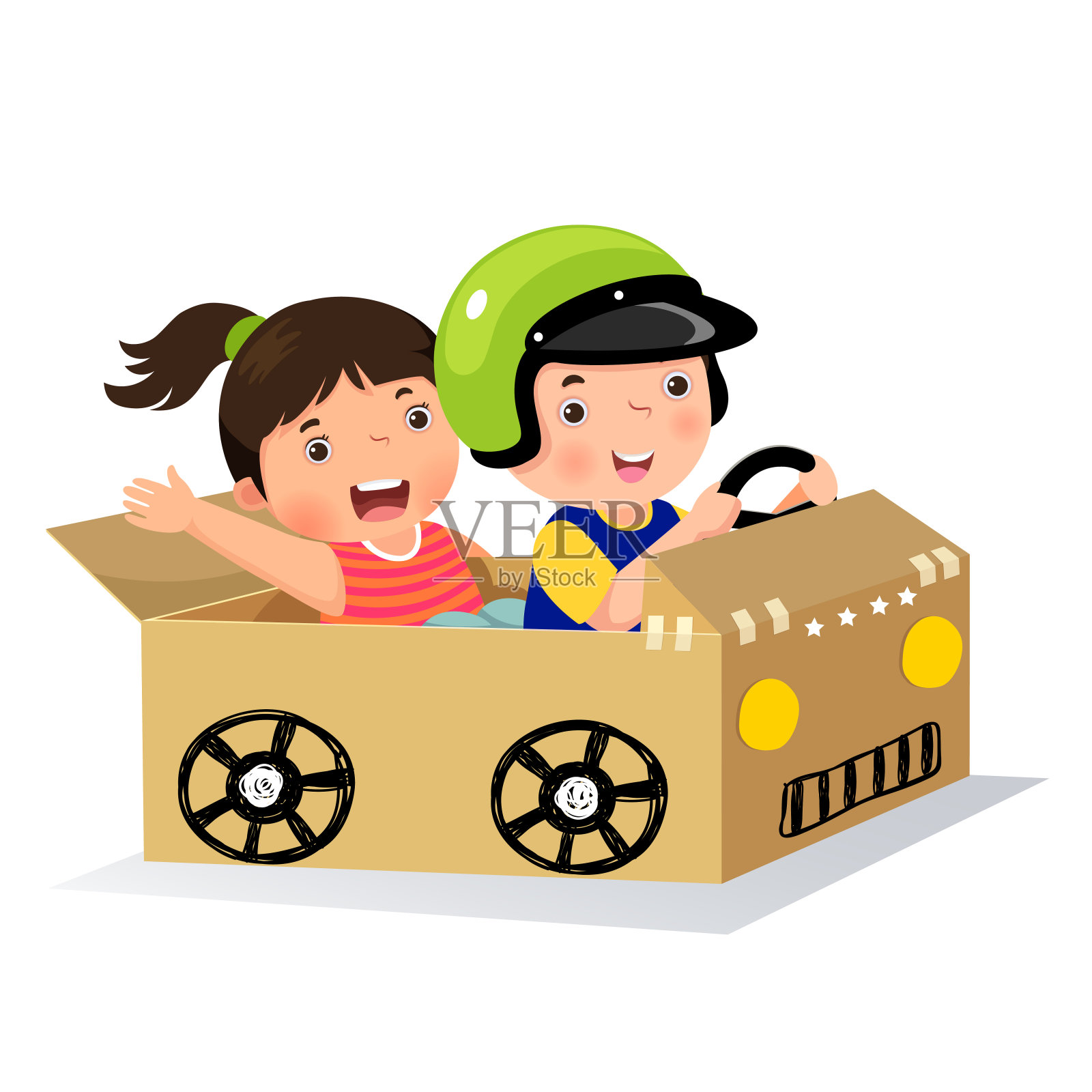 男孩和女孩开着纸板车设计元素图片