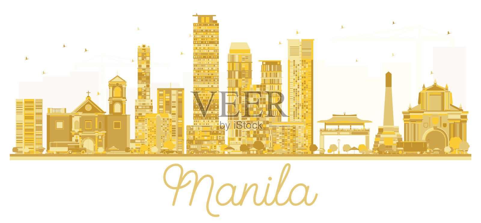 马尼拉菲律宾城市天际线金色剪影。插画图片素材